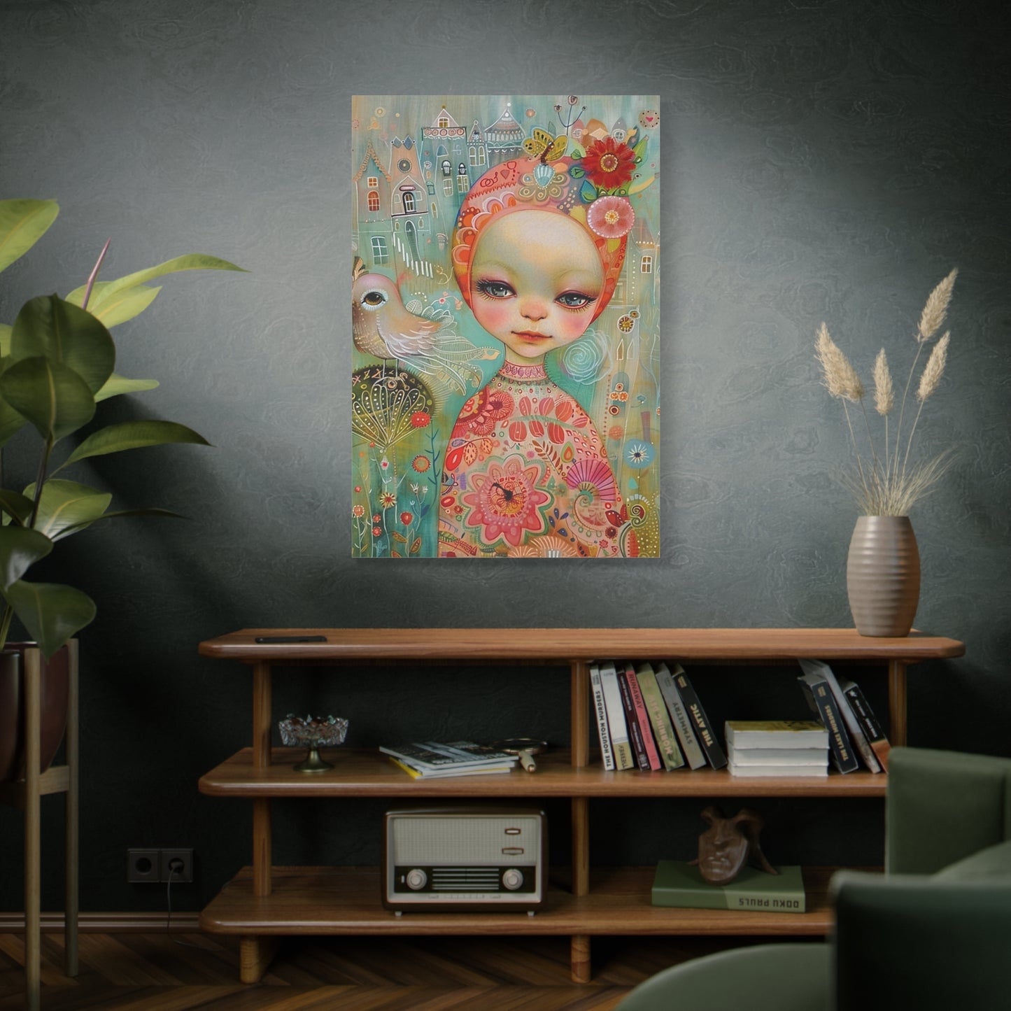 Whimsical Girl & Bird Matte Canvas Wall Art — Stretched Decorative Painting