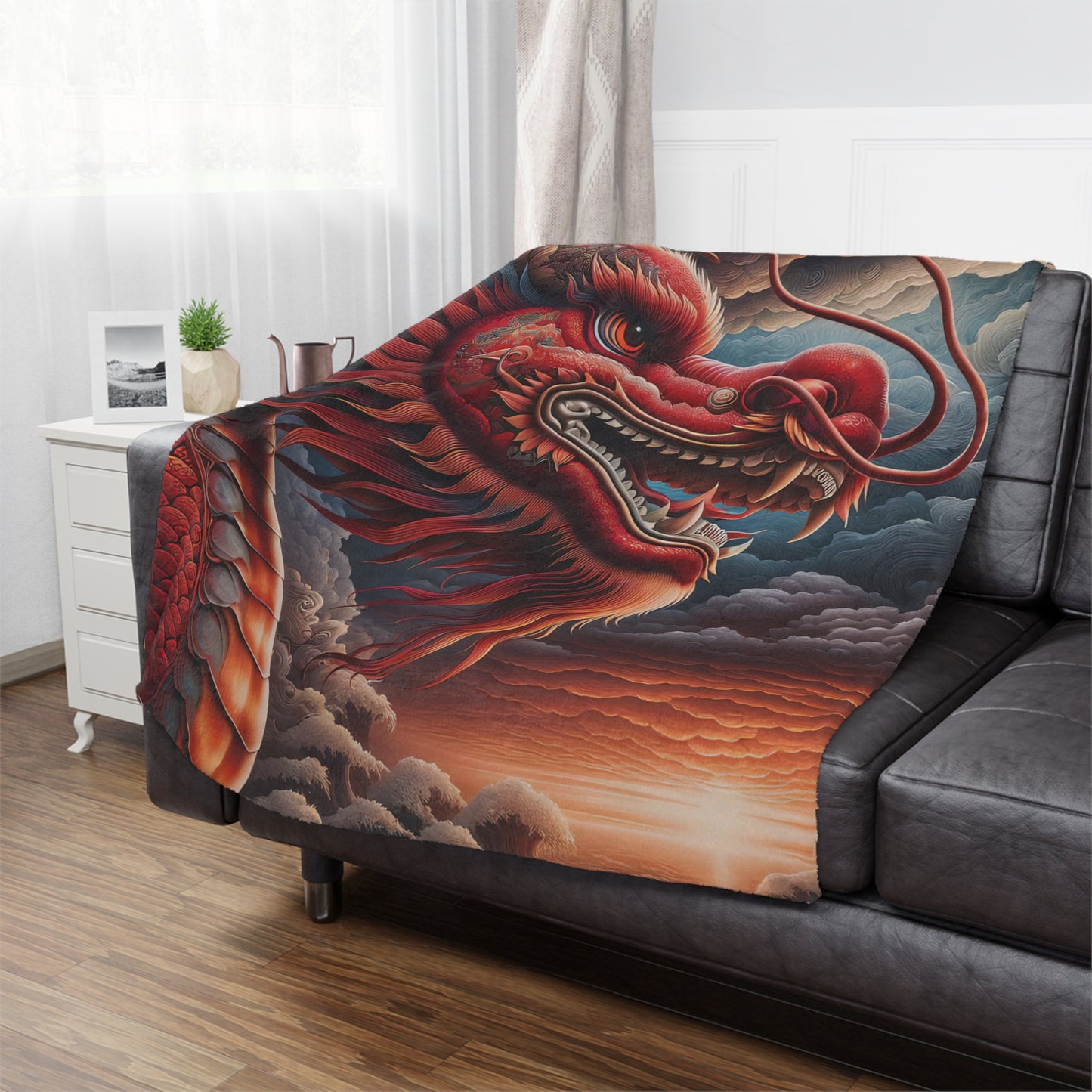 Red Dragon Minky Blanket — Soft Plush Throw with Fiery Asian Dragon Art