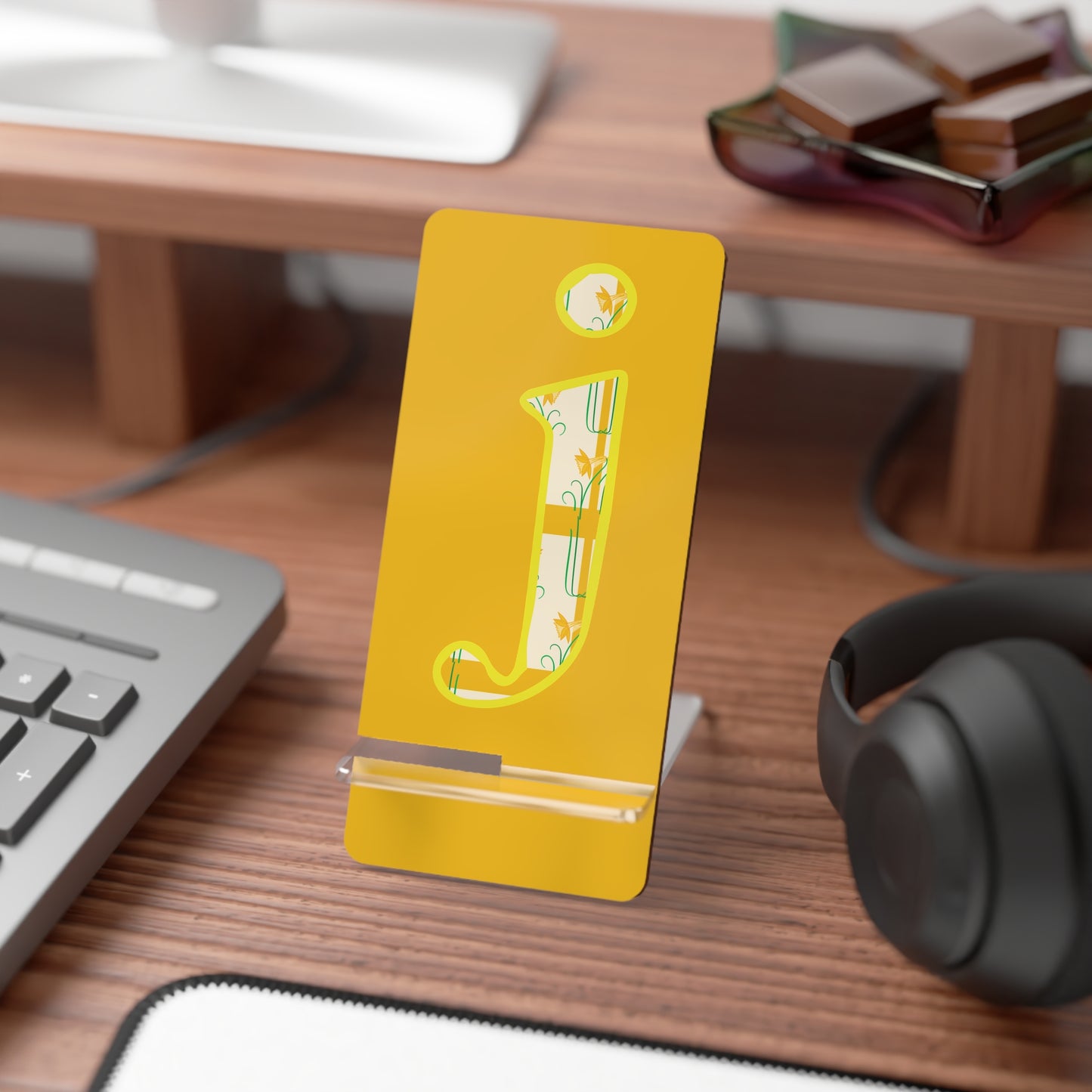 Yellow Monogram 'J' Phone Stand – Floral Initial Mobile Display