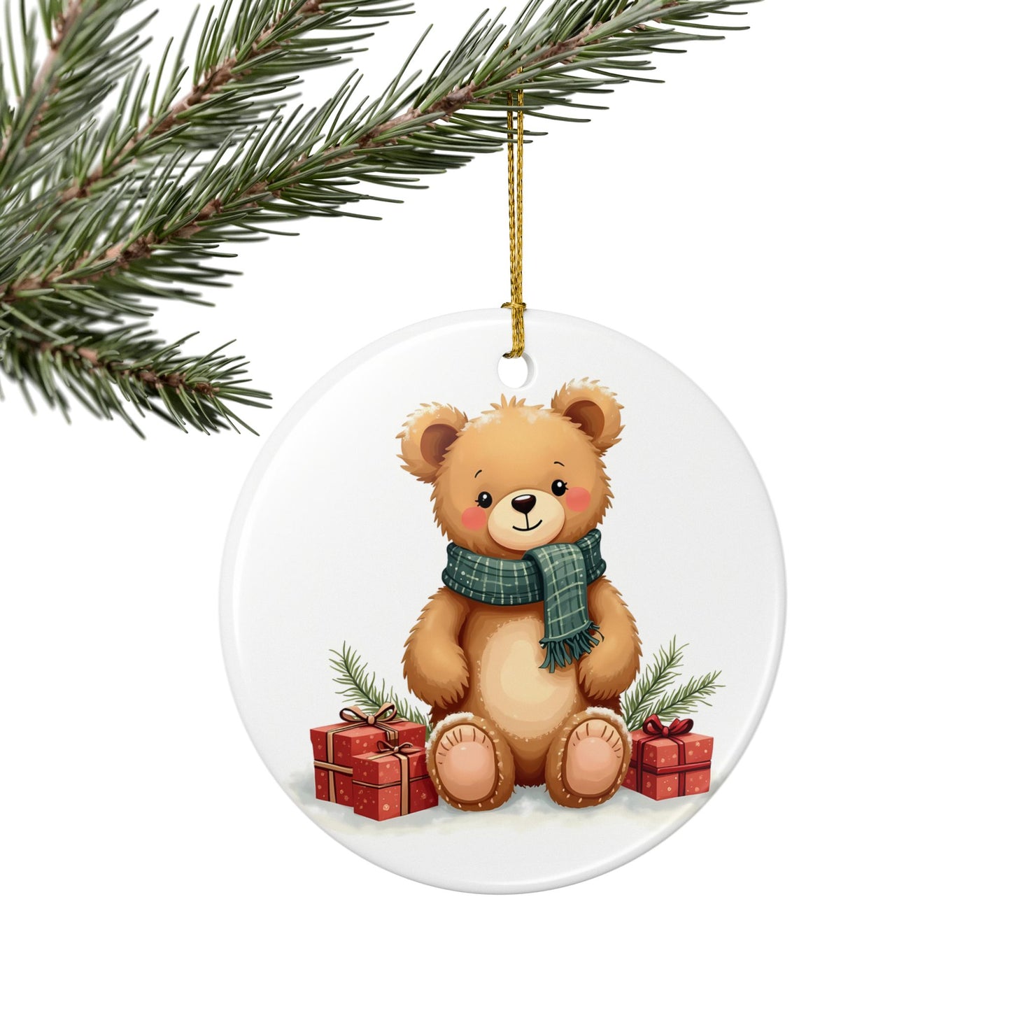 Teddy Bear Christmas Ornament — Cute Holiday Ceramic Tree Decor (Two-Sided)