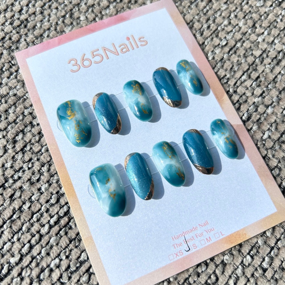 Ethereal Ink: "Teal Mist" – Deep Cyan & White Cloud Marble with Blue Cat Eye & Gold Tip Oval Nails – Image 2