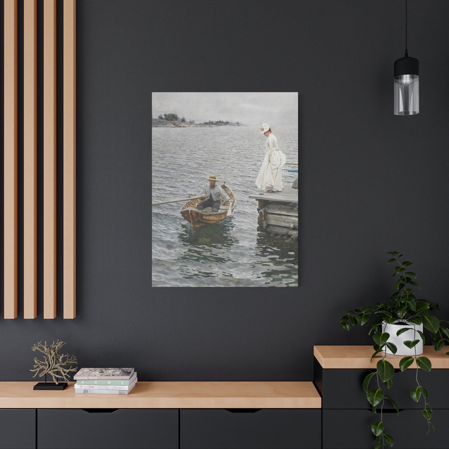 Seaside Stroll Canvas Print — Vintage Woman & Rowboat Matte Stretched Art 1.25"