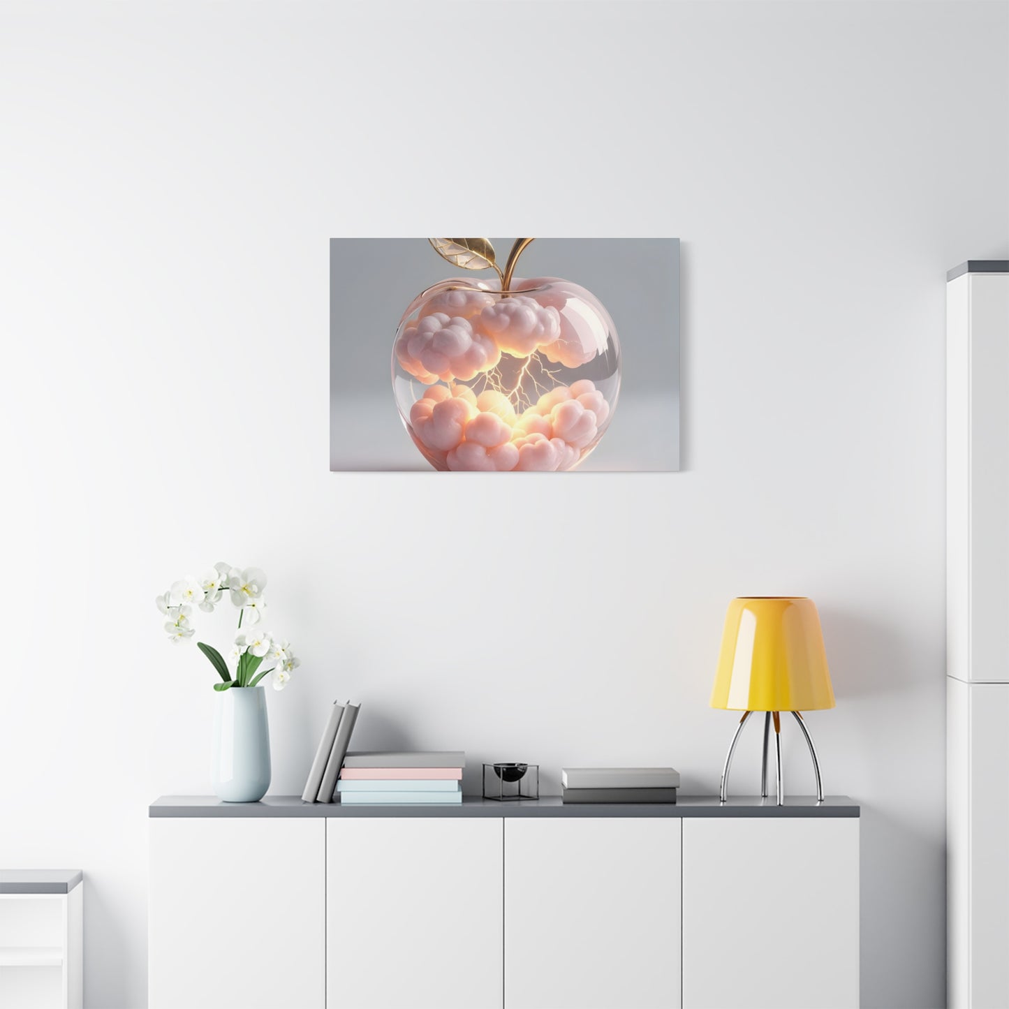 Surreal Glass Apple Canvas – Lightning & Pink Clouds Wall Art