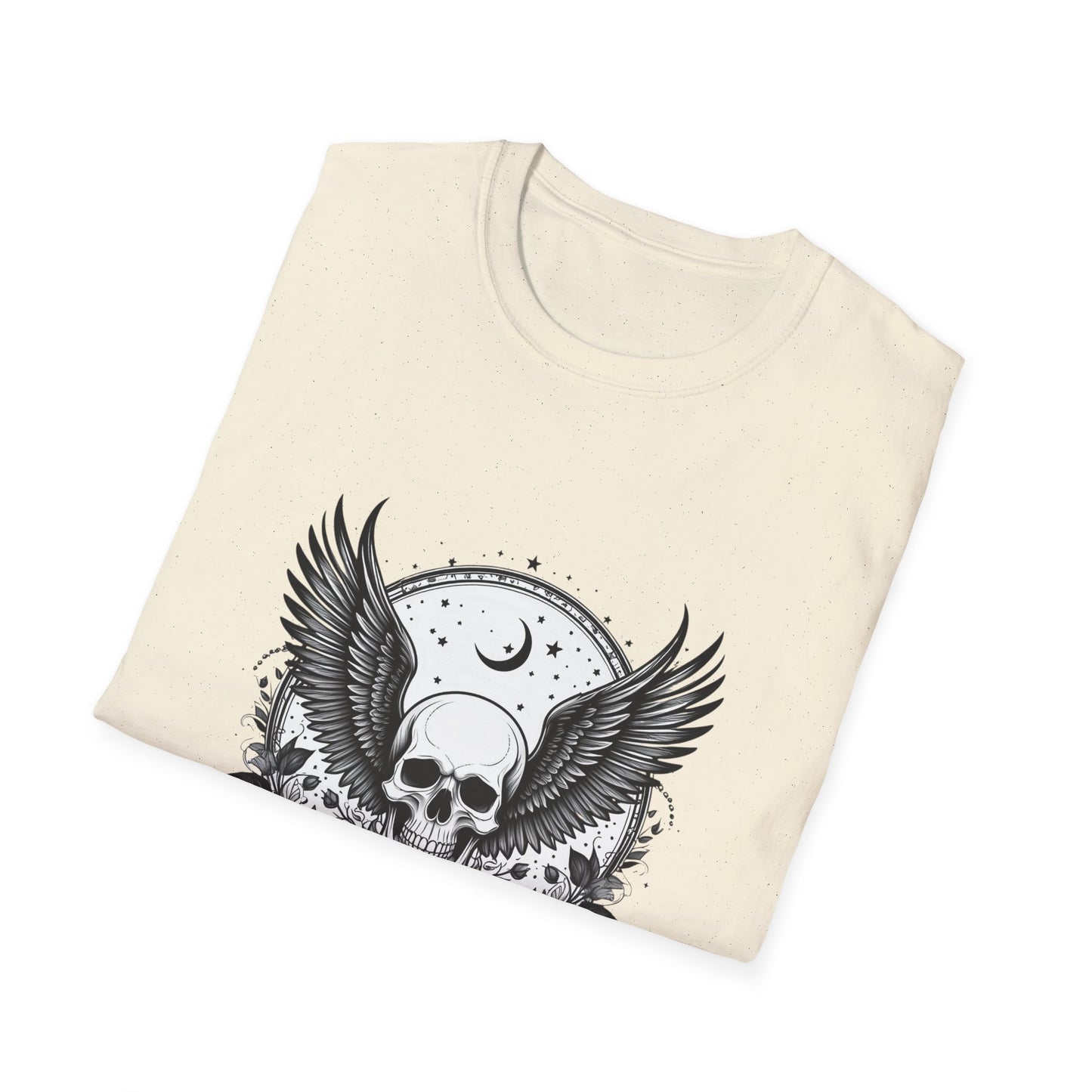 Skull Wings T‑Shirt – Crescent Moon & Red Roses Gothic Graphic Tee