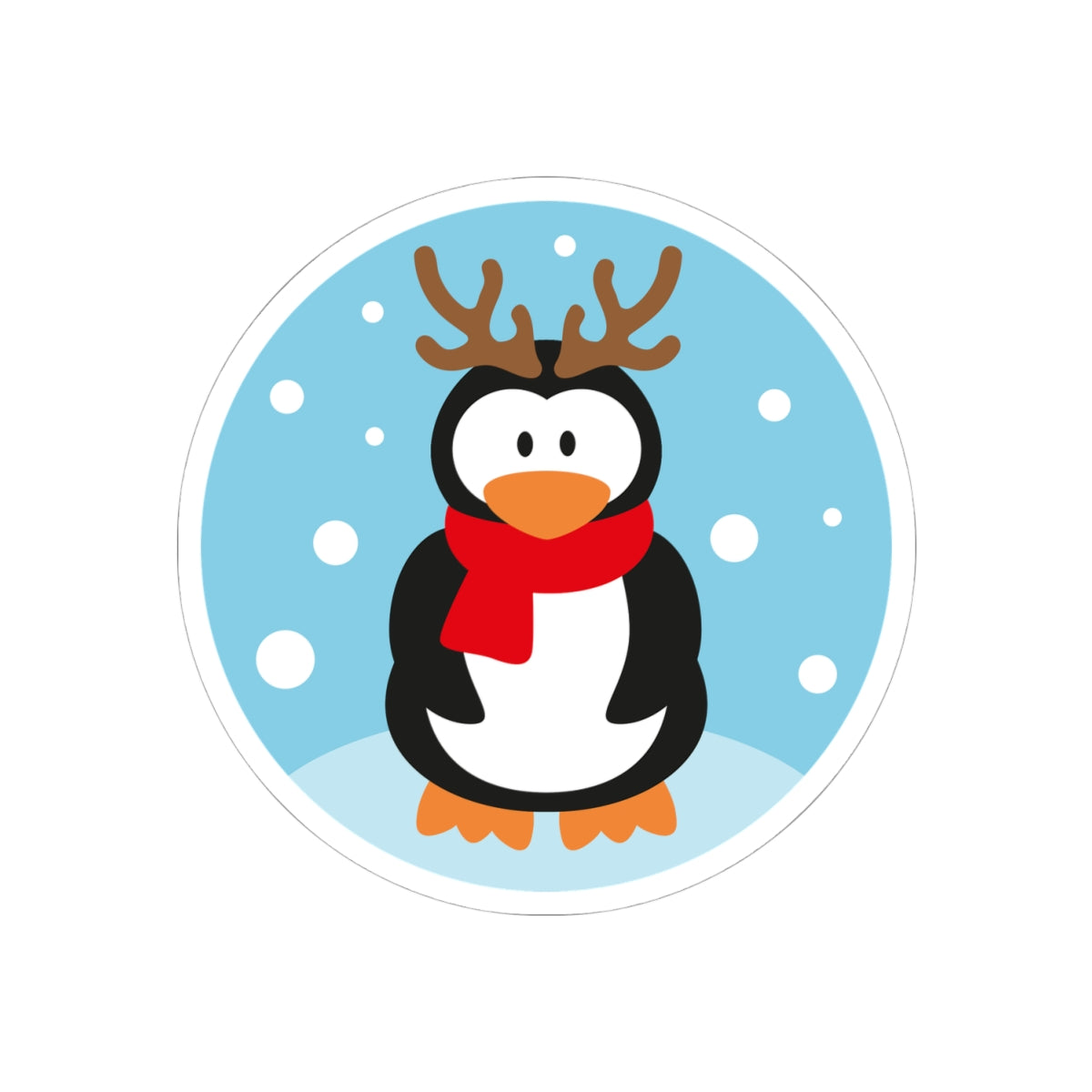 Penguin with Antlers Kiss-Cut Sticker — Cute Holiday Penguin Sticker (Red Scarf, Snowflakes)