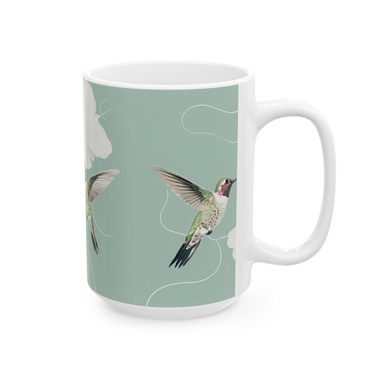 Hummingbird Floral Ceramic Mug – Botanical Mint Coffee Cup (11oz & 15oz)