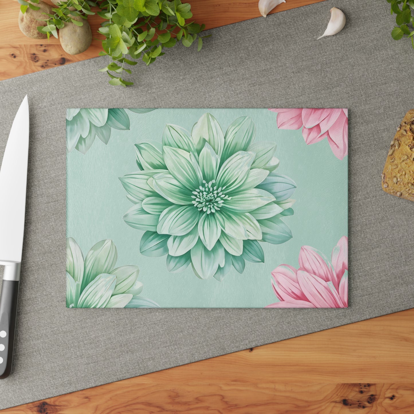 Glass Cutting Board — Pastel Succulent Floral Design (Mint & Pink)