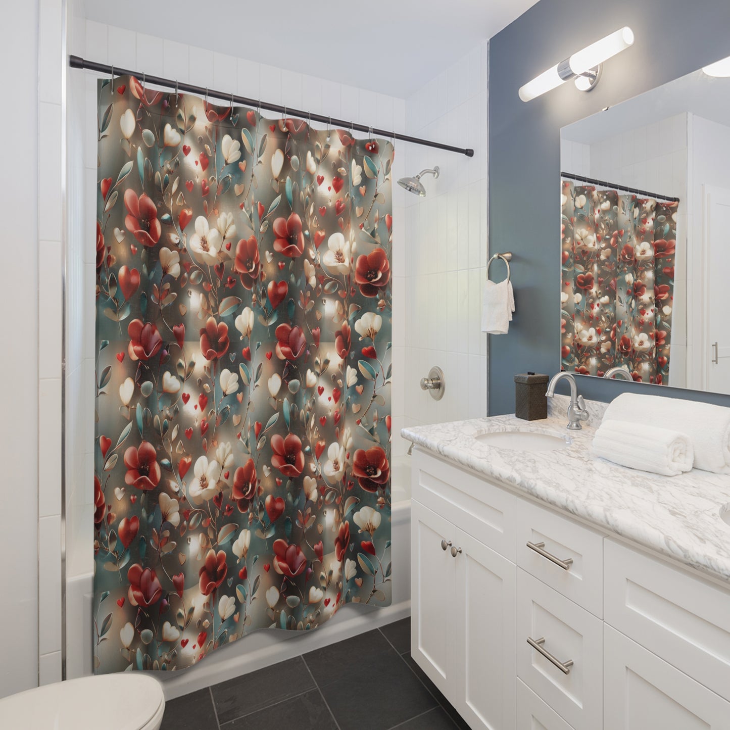 Floral Hearts Shower Curtain — Romantic Red & Cream Blossom Bathroom Decor