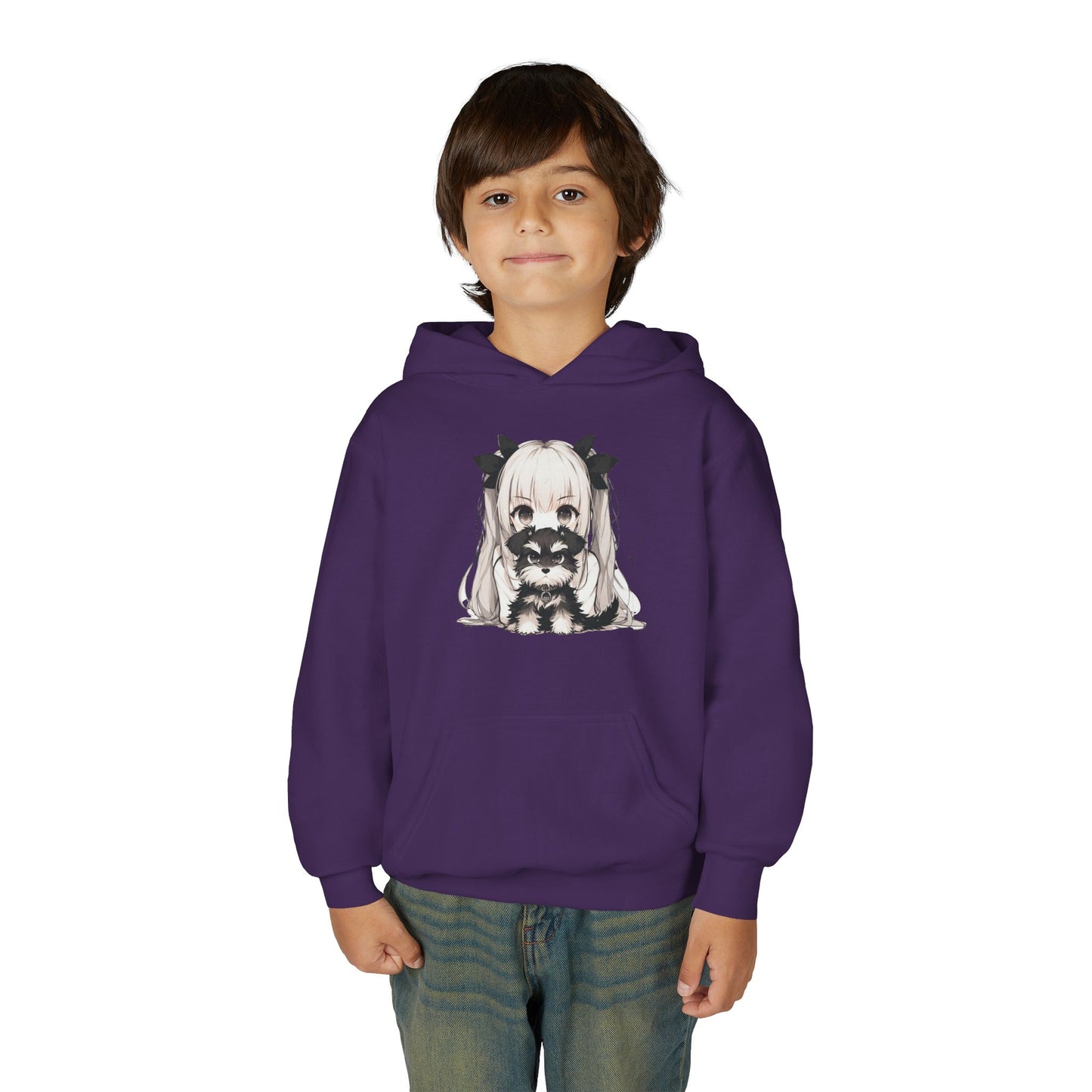 Cute Anime Girl & Puppy Youth Hoodie — Kawaii Kids Pullover for Anime Fans