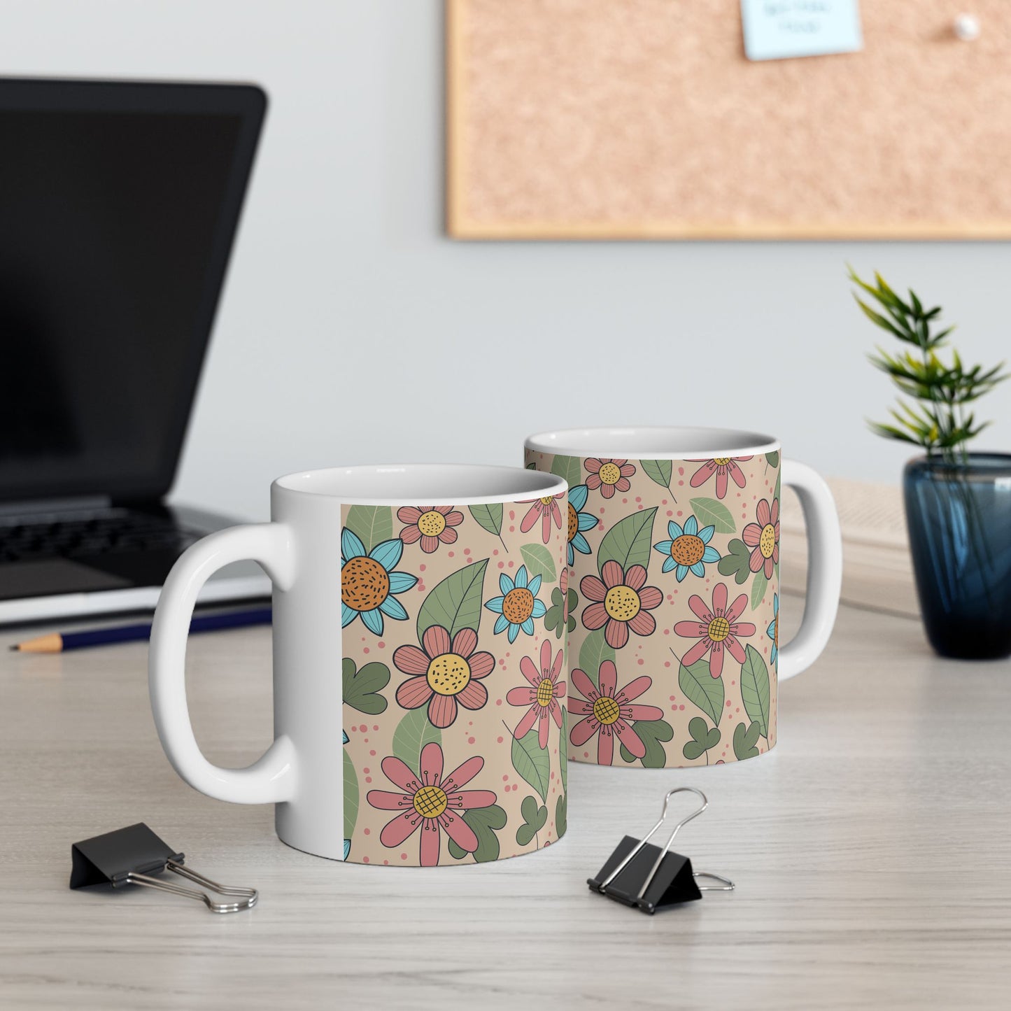Floral Doodle Ceramic Mug – Retro Flower Pattern Coffee Cup (11oz & 15oz)