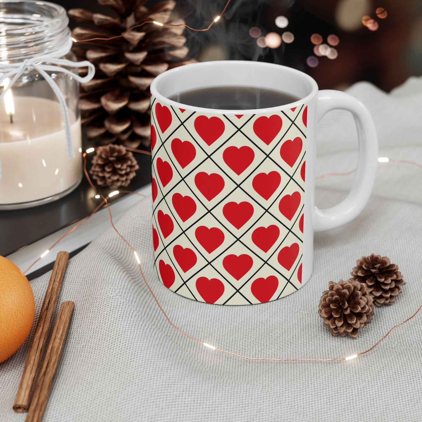 Heart Pattern Ceramic Mug – Red Hearts Grid Coffee Cup (11oz, 15oz)