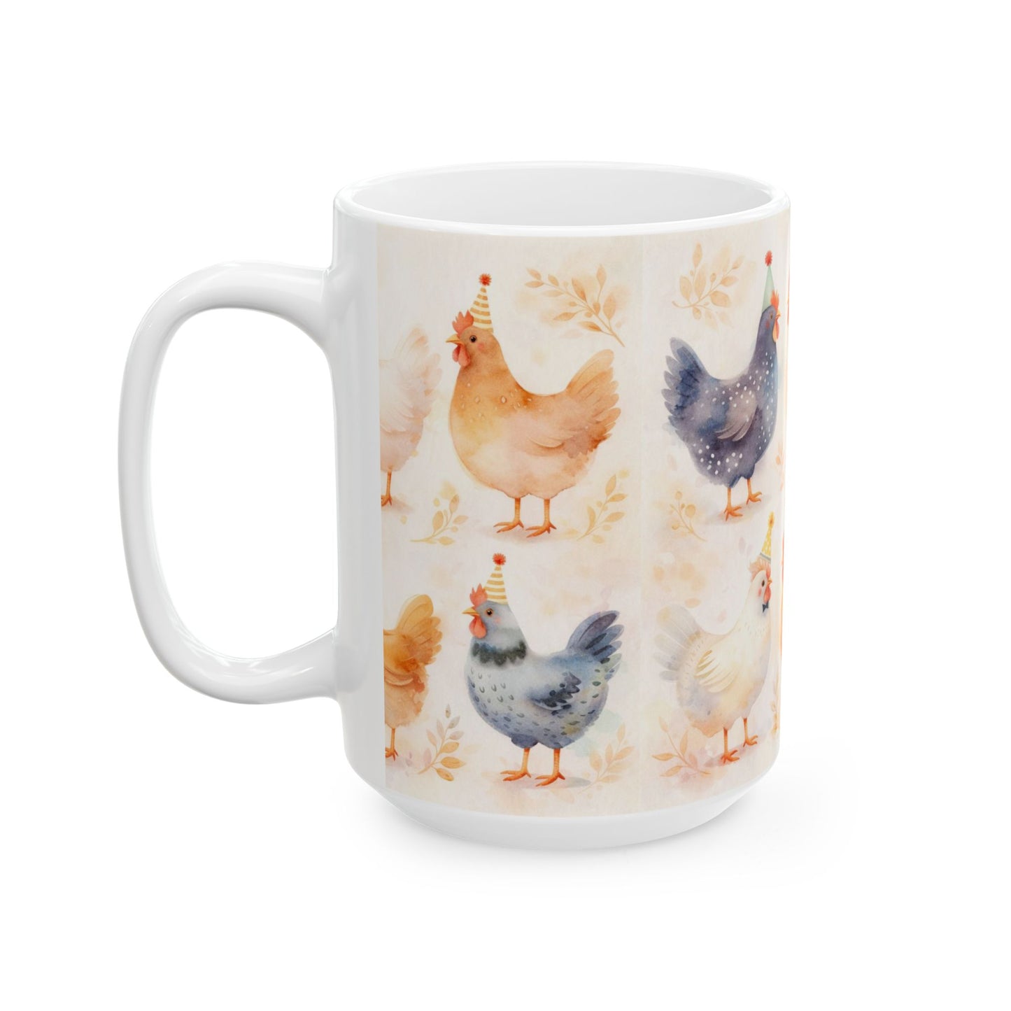 Cute Farm Chicken Mug — Watercolor Hens with Party Hats (11oz, 15oz)