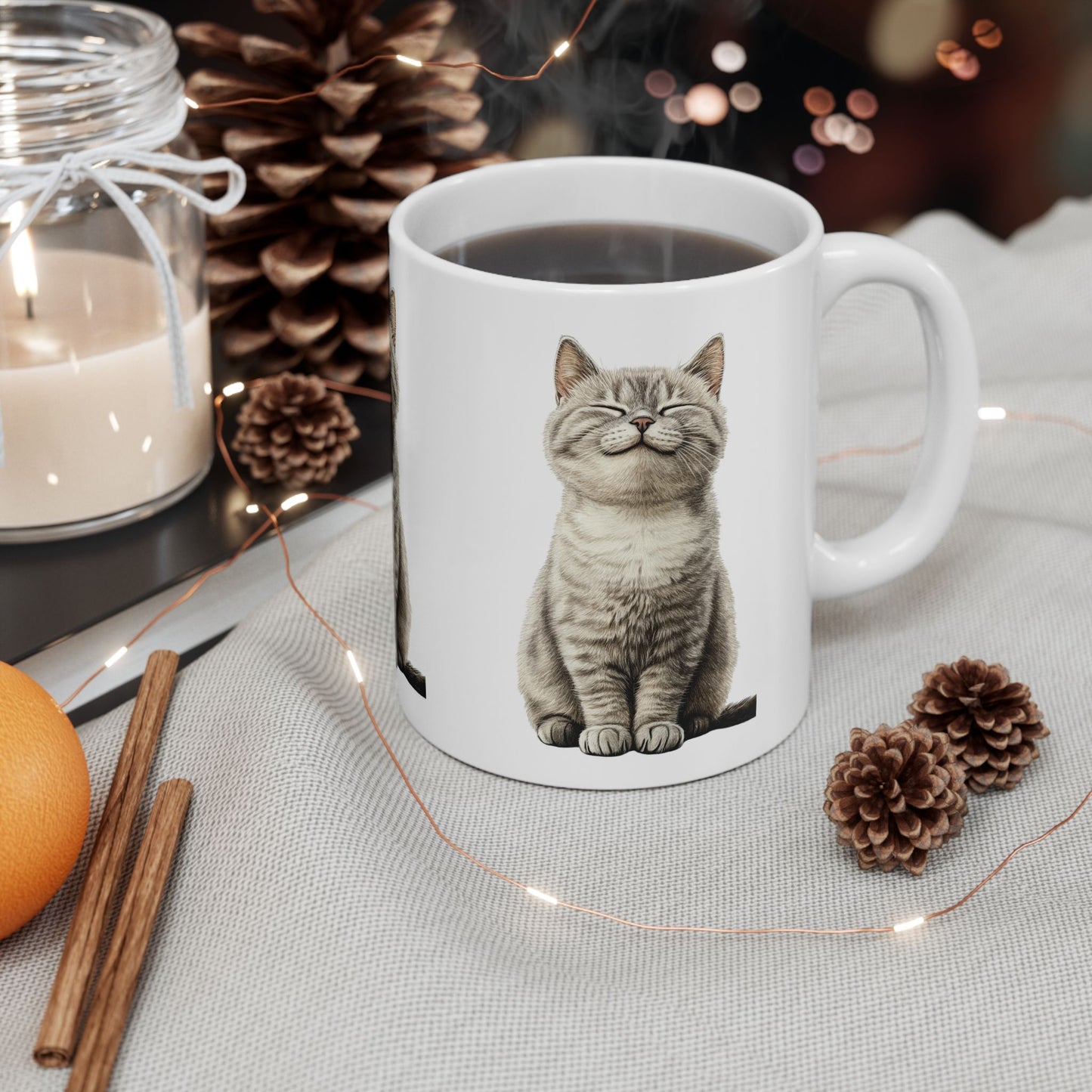 Smiling Grey Tabby Cat Ceramic Mug — Cute Cat Lover Coffee Cup (11oz & 15oz)