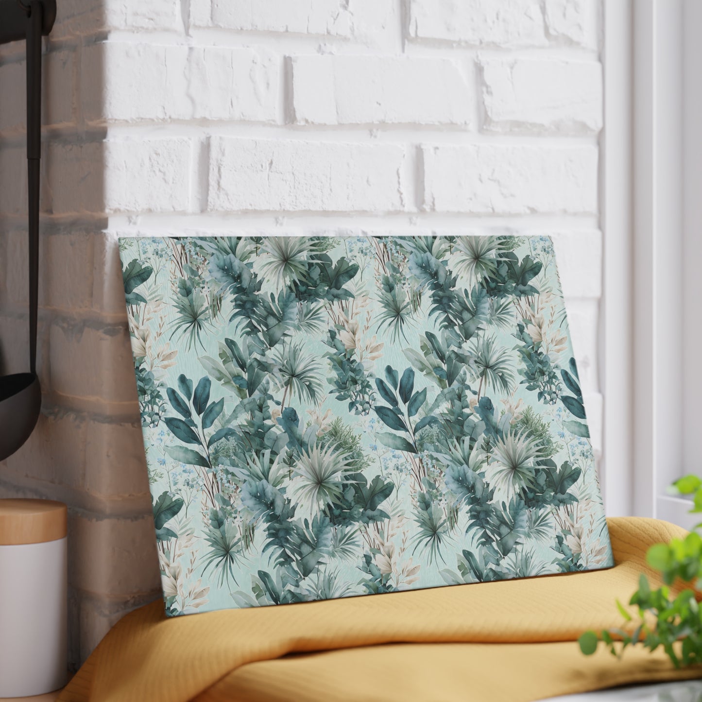 Botanical Glass Cutting Board - Teal Tropical Palm Pattern