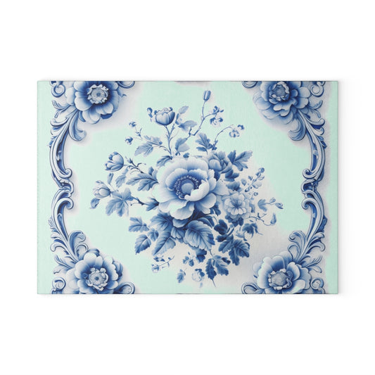 Floral Blue Delft Glass Cutting Board — Vintage Porcelain-Inspired Kitchen Decor