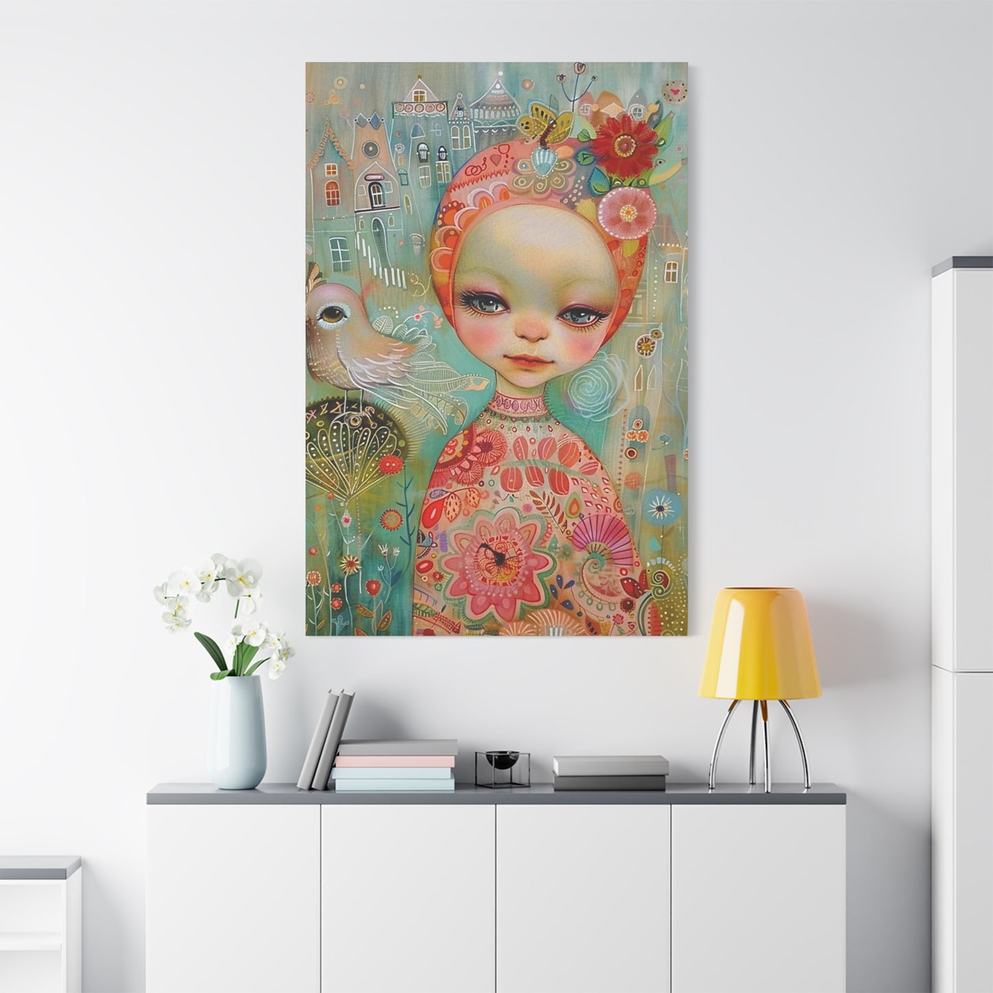 Whimsical Girl & Bird Matte Canvas Wall Art — Stretched Decorative Painting
