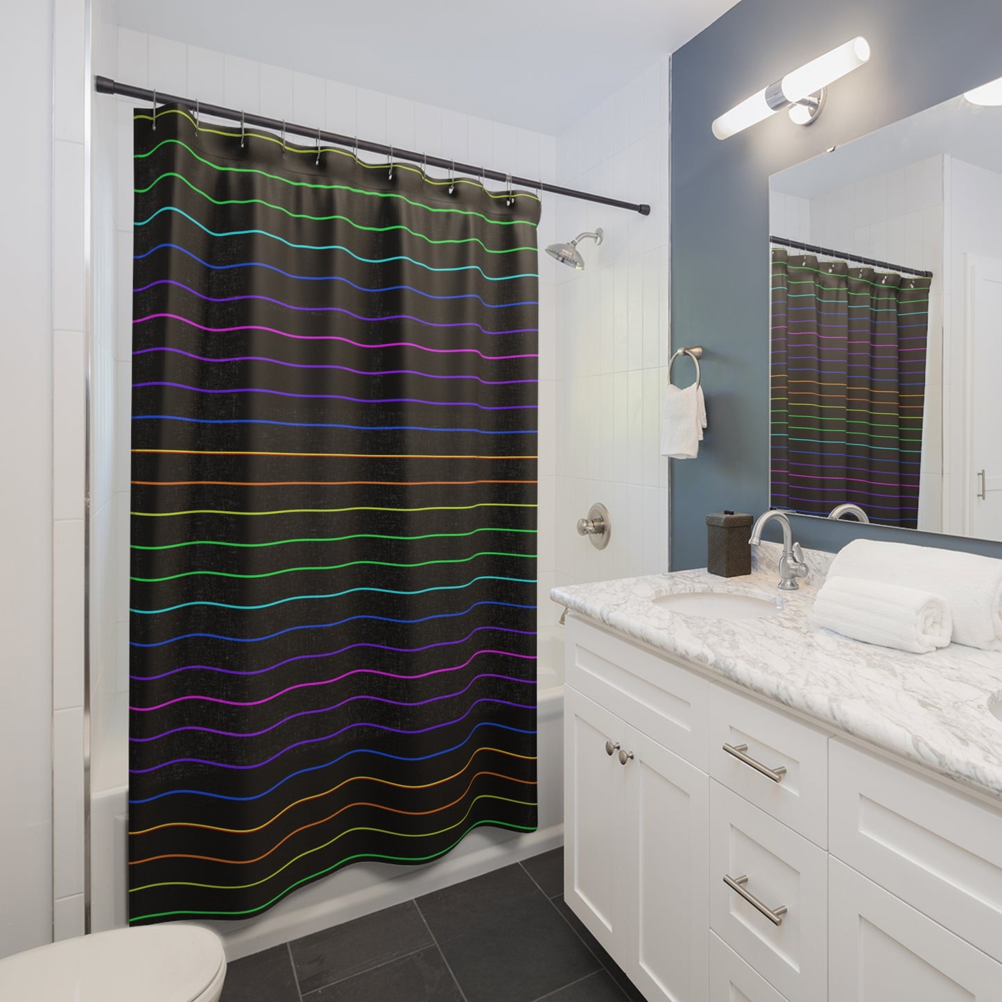Neon Rainbow Stripe Shower Curtain — Black Background, Modern Geometric Bathroom Decor