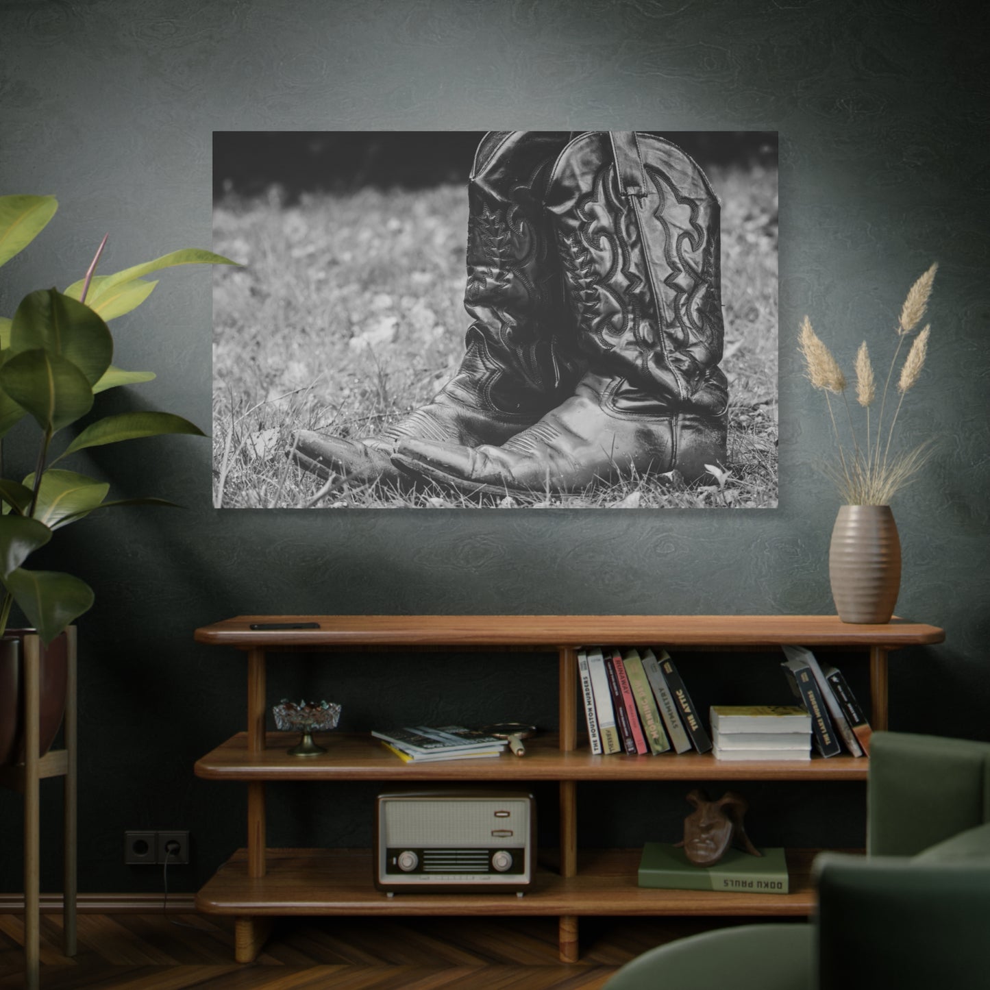 Western Cowboy Boots Matte Canvas Wall Art – Black & White Rustic Country Decor