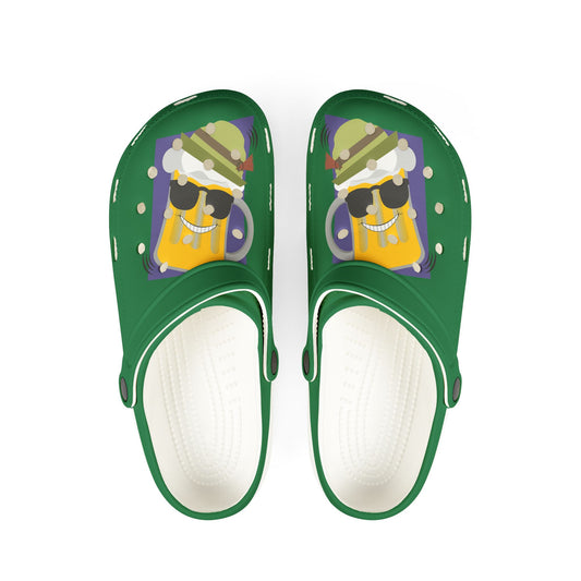 Green Foam Clogs with Cool Sunglasses Mug Graphic — Fun Casual Slip-On Shoes
