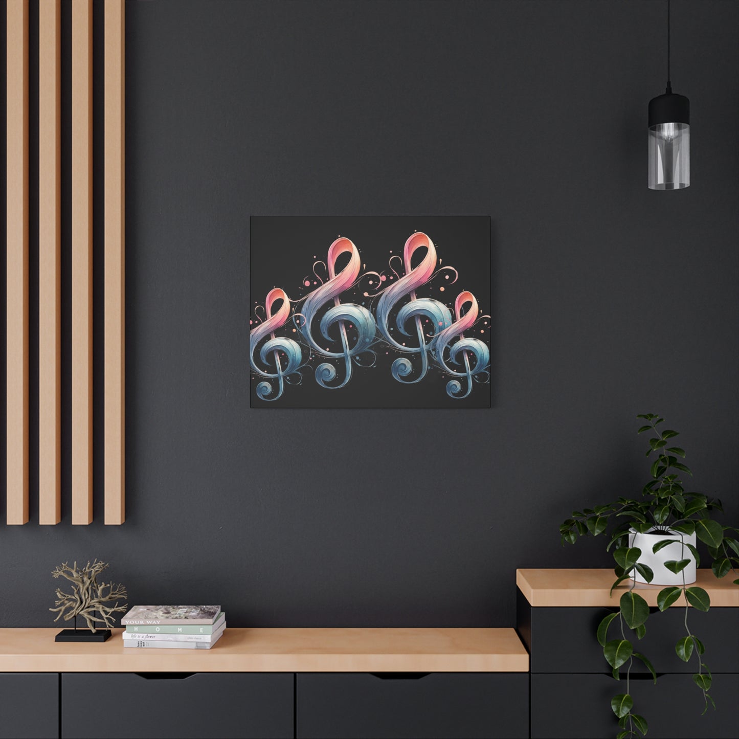 Musical Treble Clef Canvas Wall Art — Pastel Ribbon Notes on Black