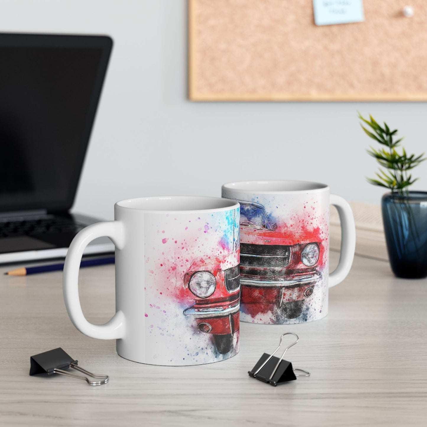 Mustang Front Grill Watercolor Ceramic Mug — Car Enthusiast Coffee Cup (11oz/15oz)