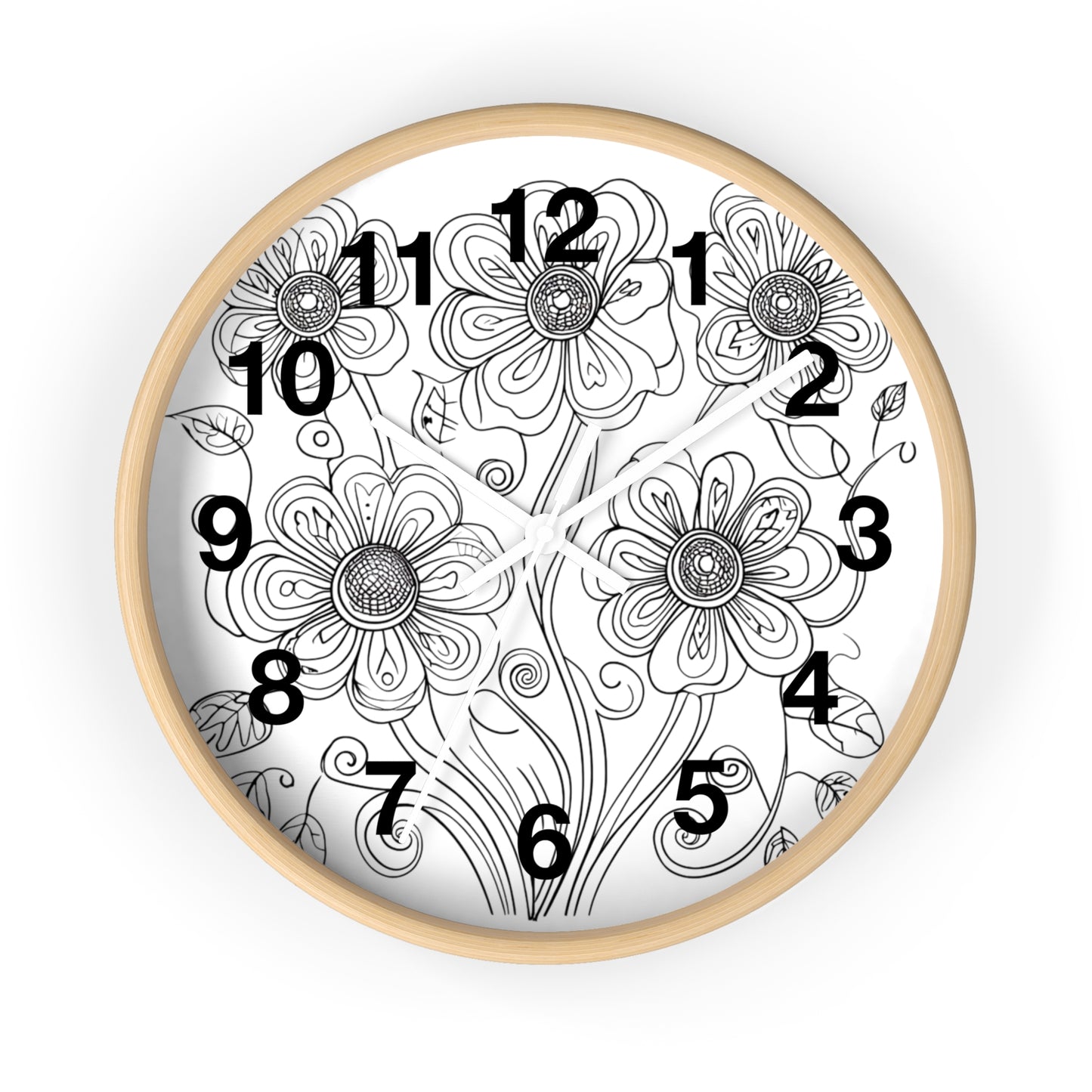 Floral Doodle Wall Clock — Black & White Hand-Drawn Flower Timepiece