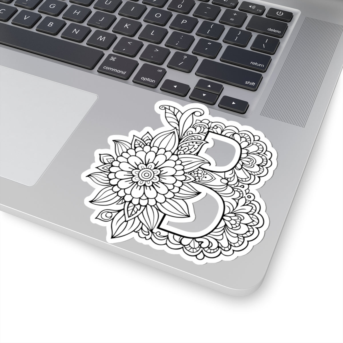 Floral Mandala Letter B Sticker — Decorative Kiss-Cut Decal for Laptops & Journals