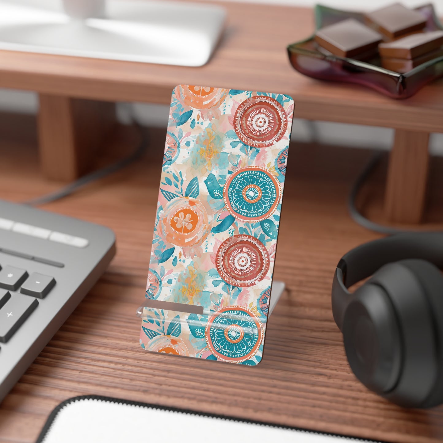 Floral Boho Phone Stand — Compact Mobile Display Stand with Teal & Coral Mandala Design