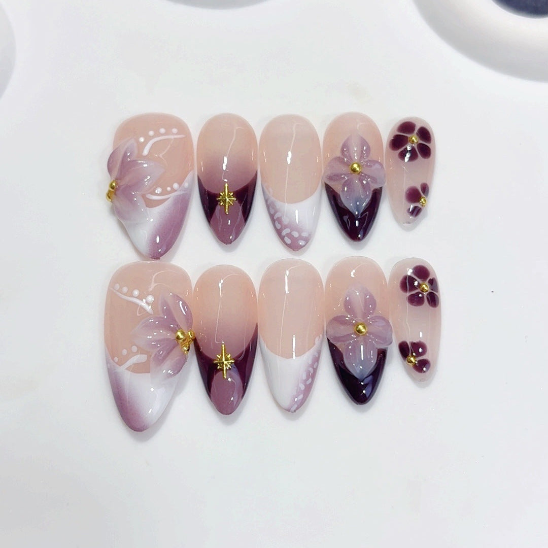 Plum Blossom Gradient: "Purple Floral" – Almond Press-On Nails – Image 4
