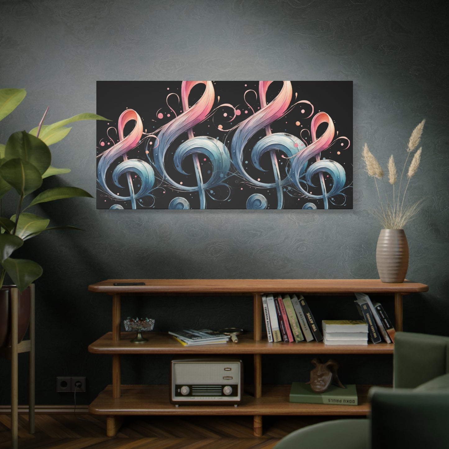Musical Treble Clef Canvas Wall Art — Pastel Ribbon Notes on Black