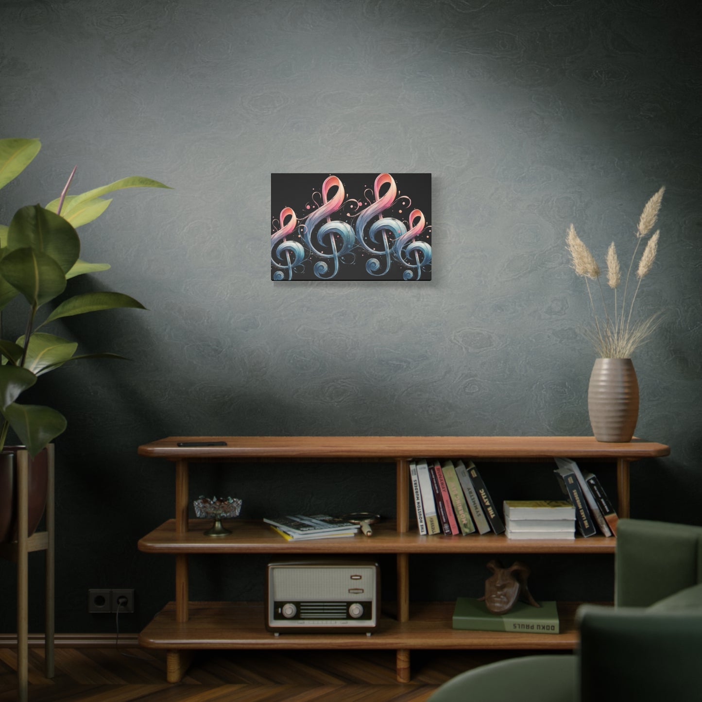 Musical Treble Clef Canvas Wall Art — Pastel Ribbon Notes on Black