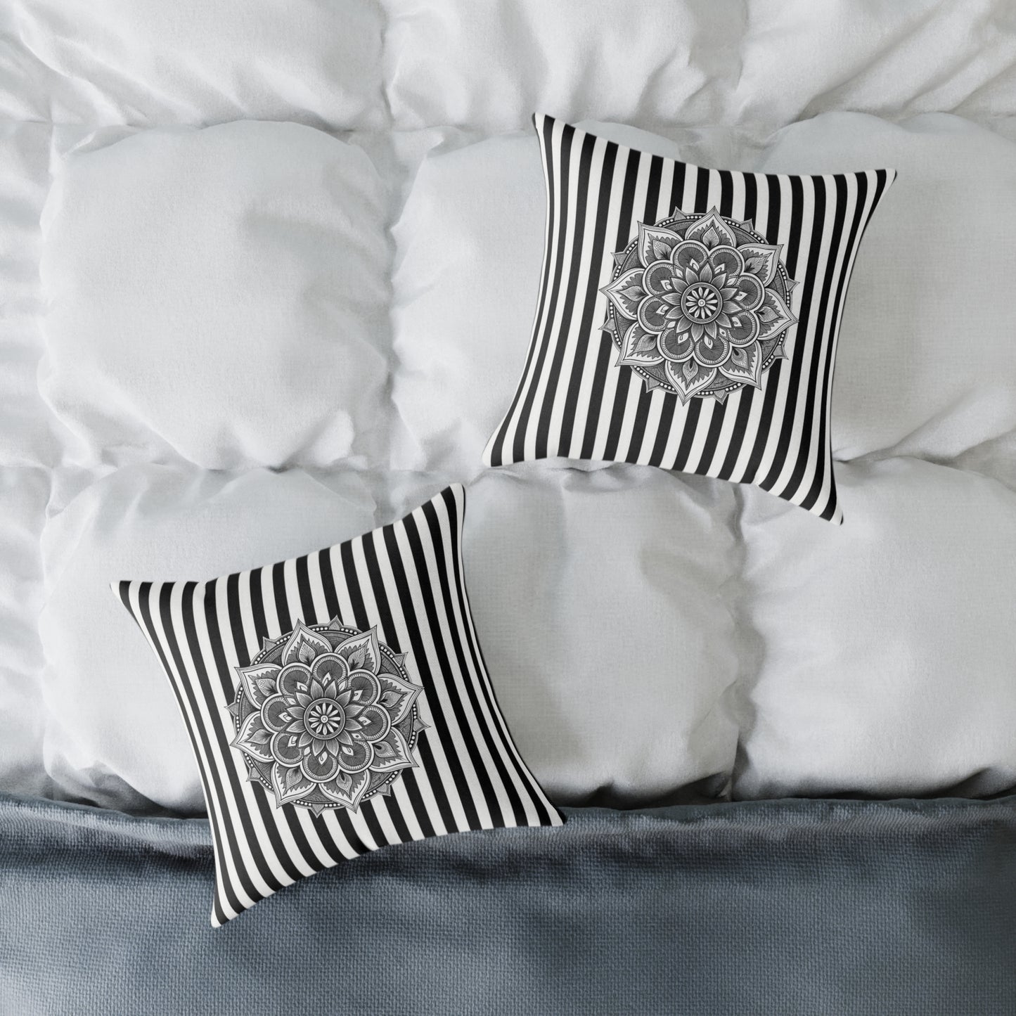 Boho Black & White Striped Mandala Pillow - Square Decorative Throw Cushion