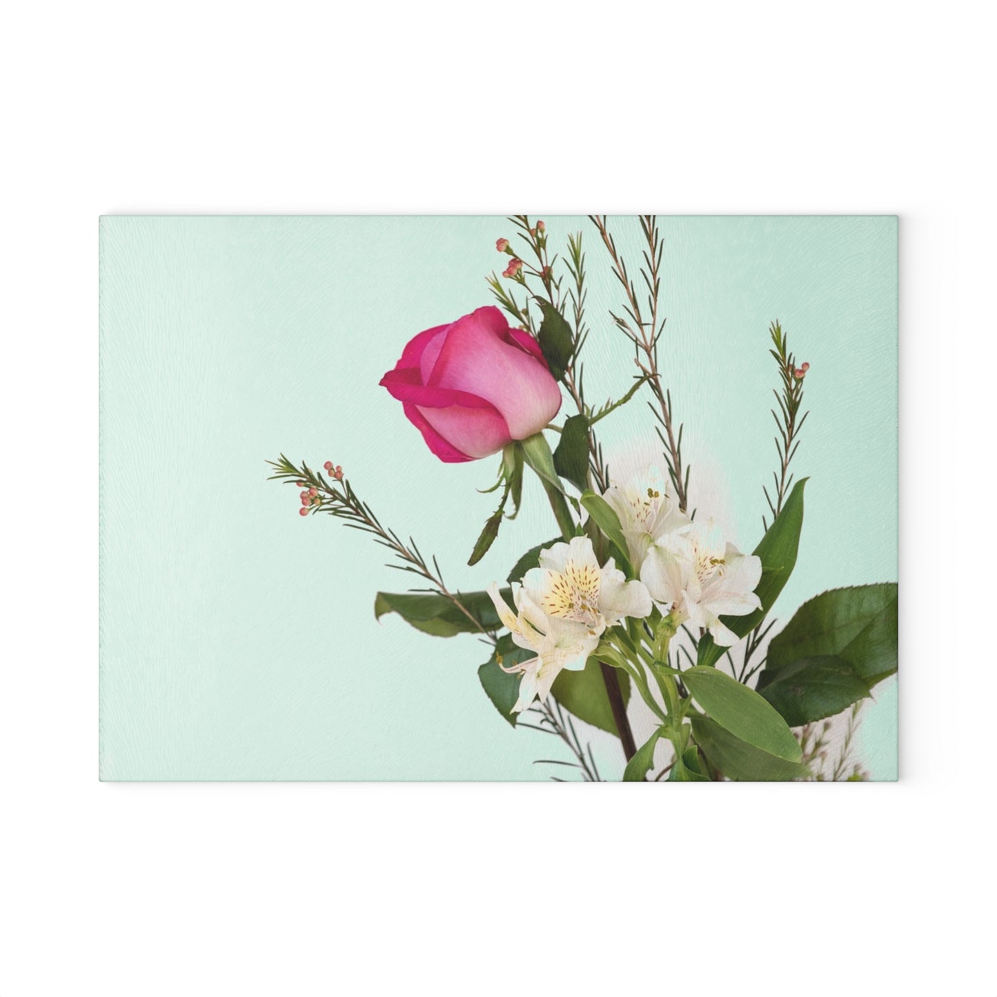 Floral Glass Cutting Board — Pink Rose on Mint Kitchen Prep Surface