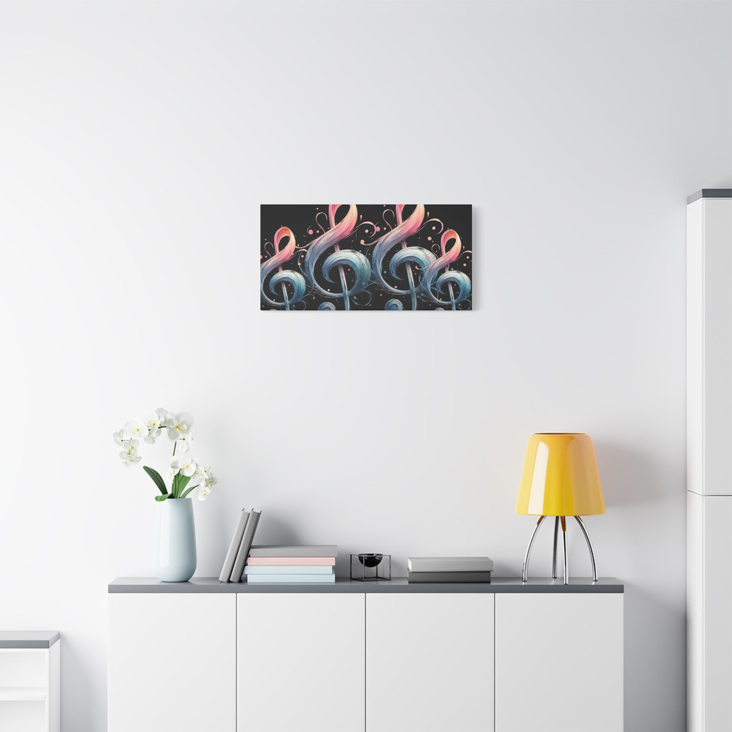 Musical Treble Clef Canvas Wall Art — Pastel Ribbon Notes on Black