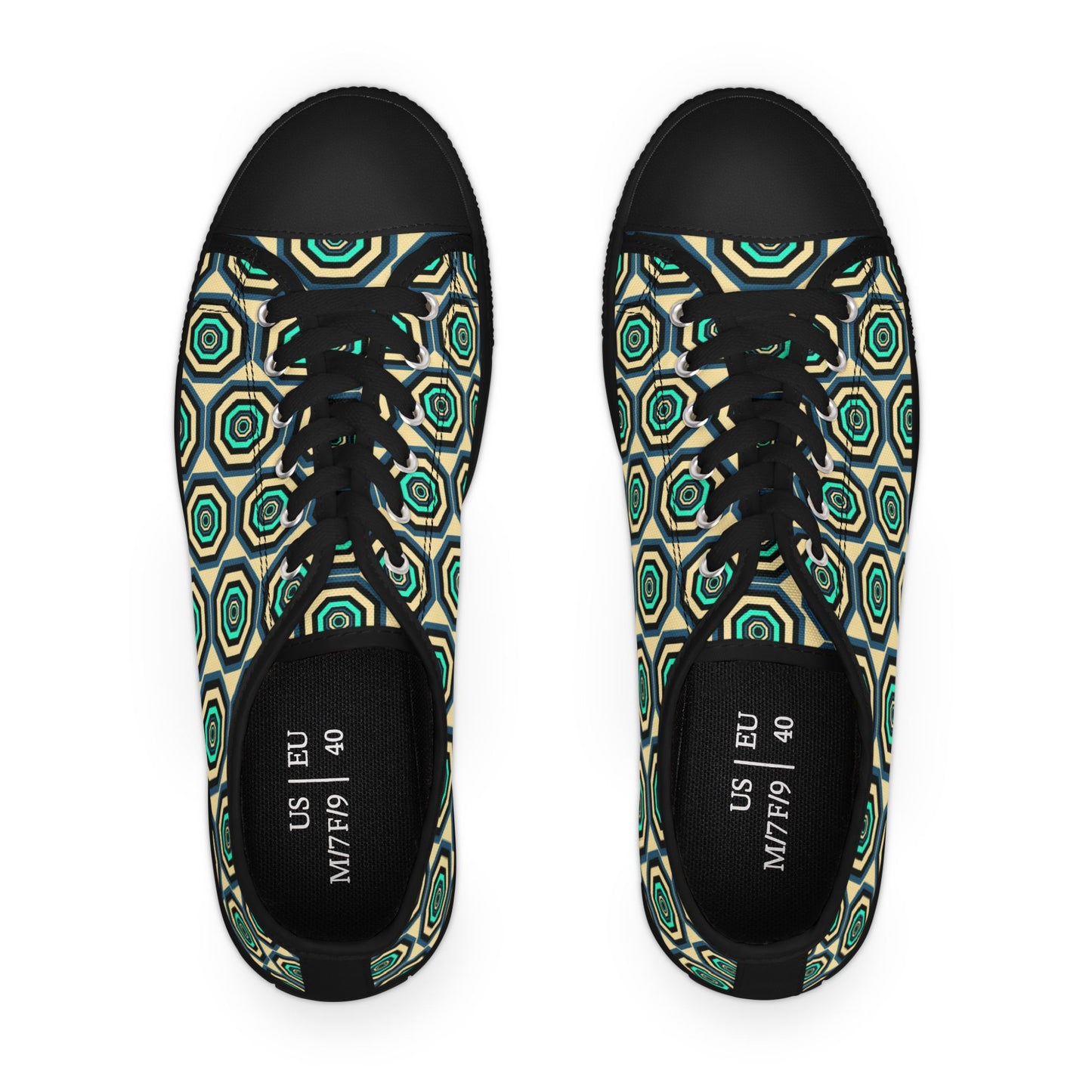 Geometric Retro Hexagon Women's Low Top Sneakers — Green Teal Patterned Canvas Shoes