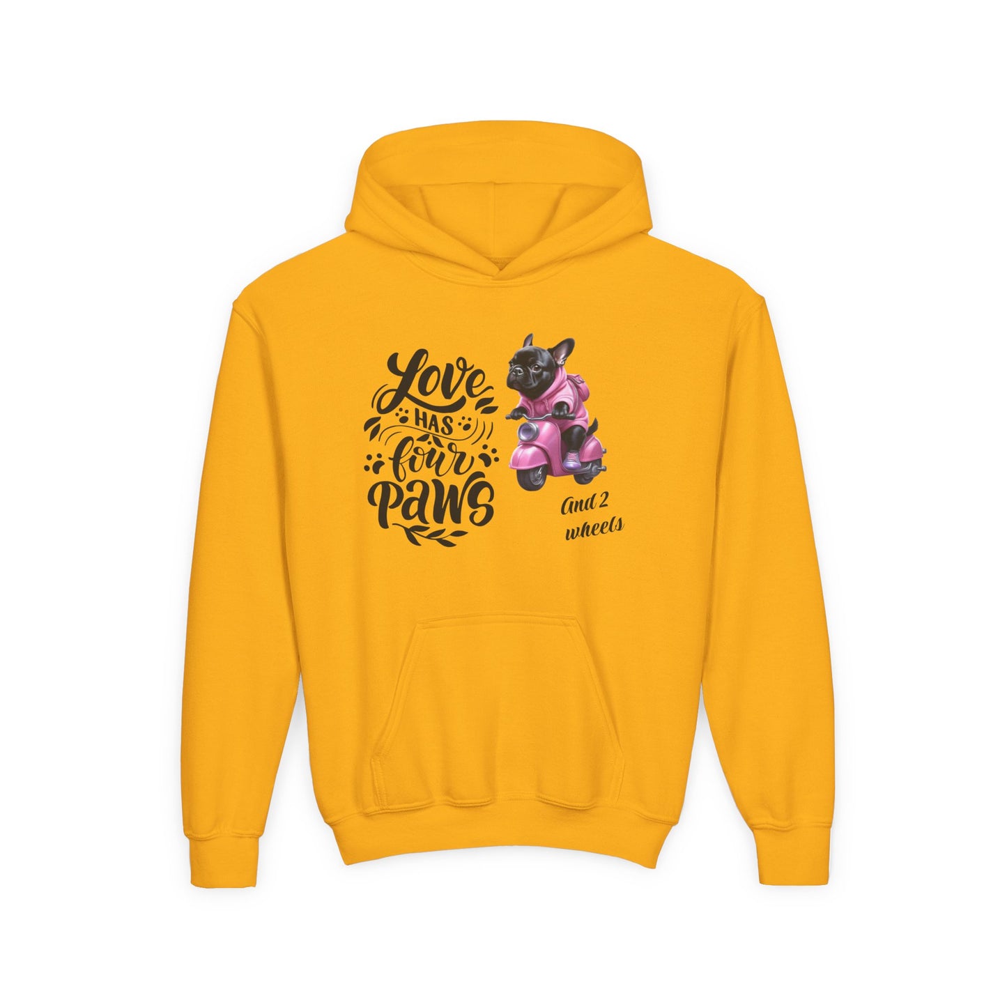 Youth Hoodie — "Love Has Four Paws" Pink Scooter French Bulldog Graphic