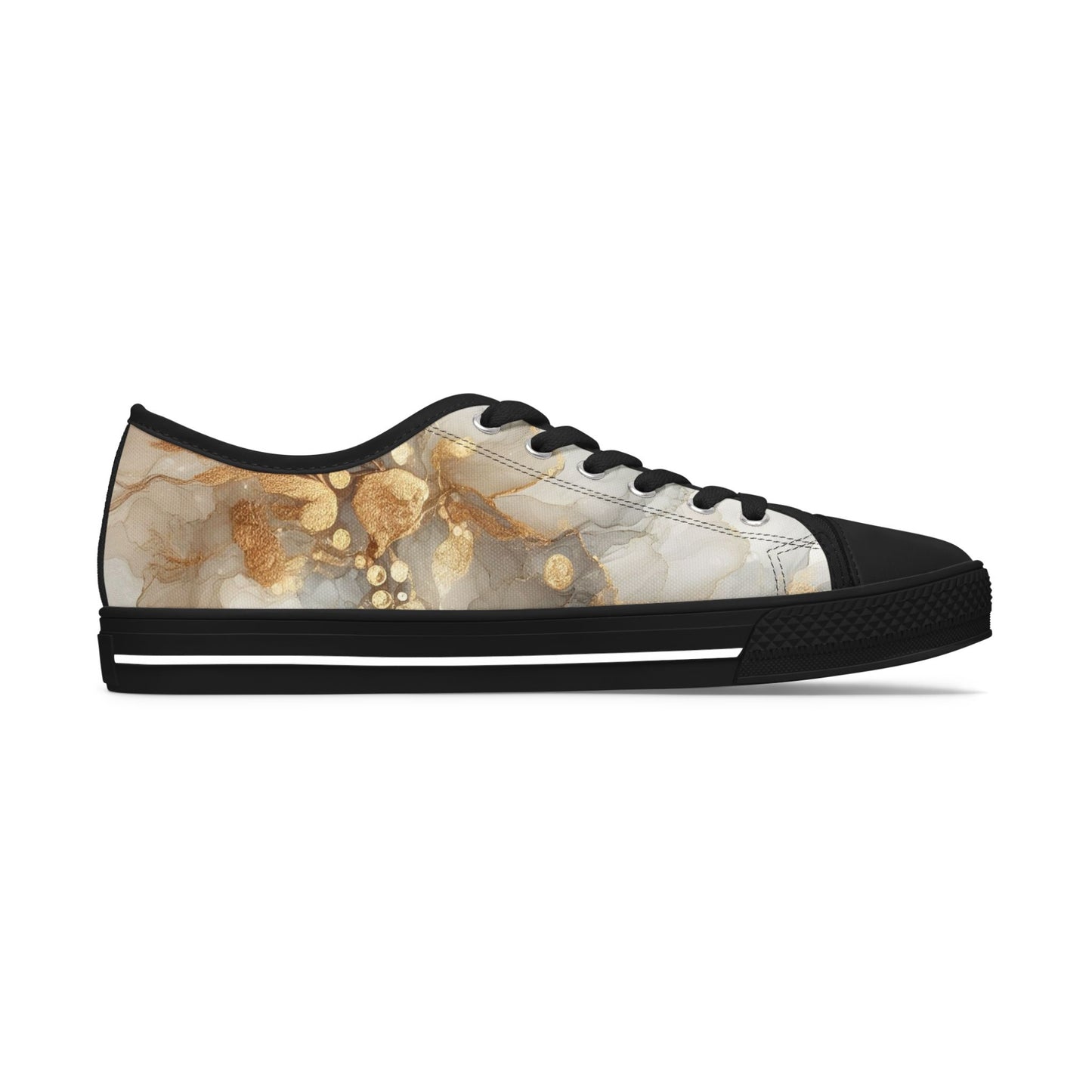 Gold Marble Women's Low Top Sneakers — Abstract Metallic Swirl Casual Shoes