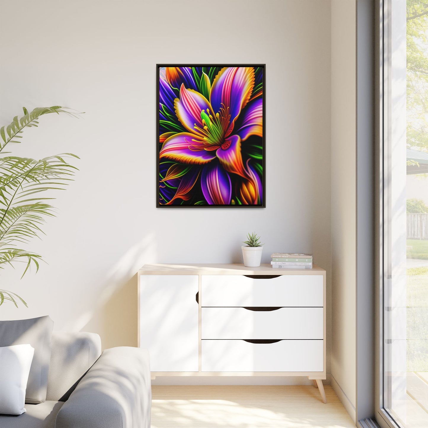 Vibrant Neon Floral Matte Canvas Print — Framed Wall Art