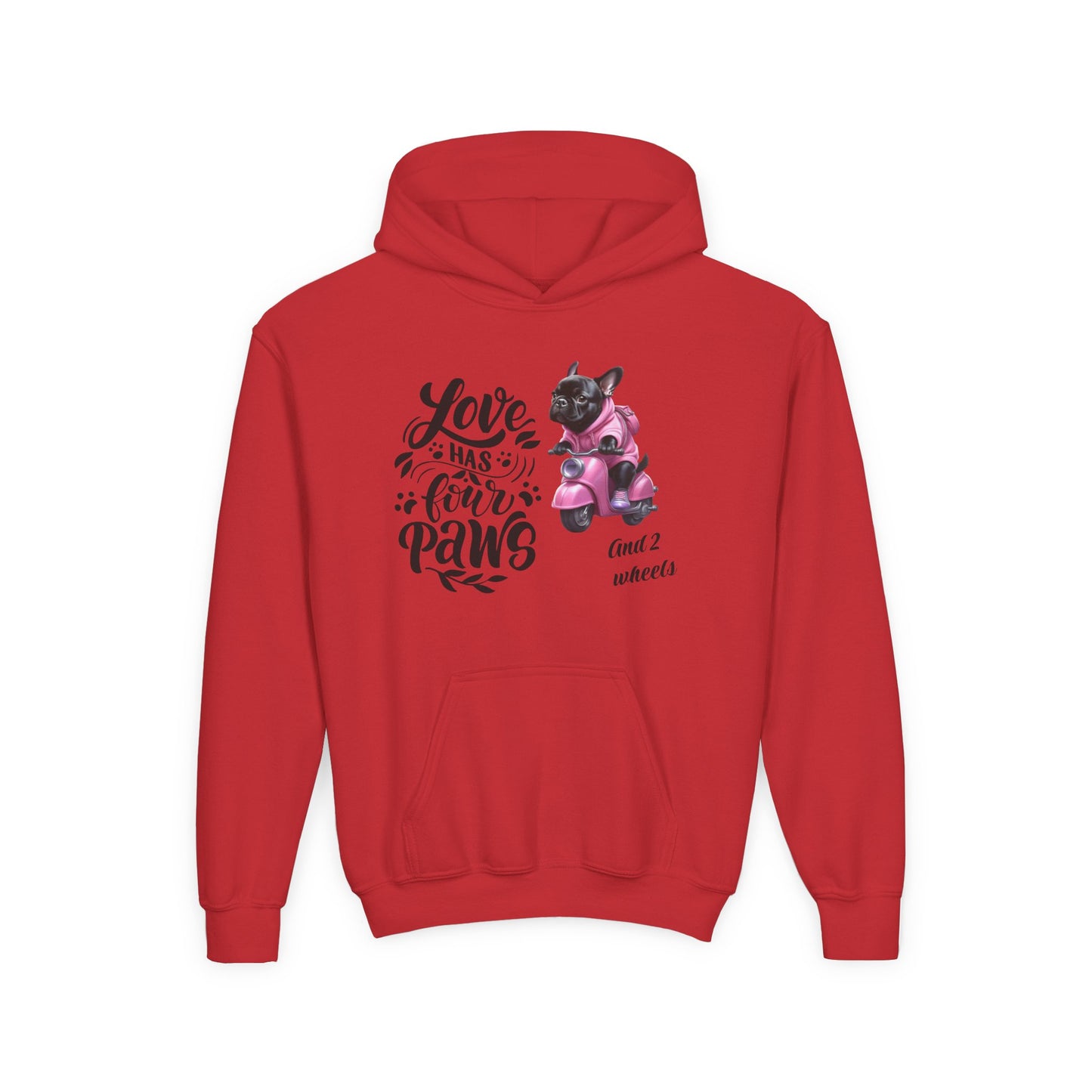 Youth Hoodie — "Love Has Four Paws" Pink Scooter French Bulldog Graphic