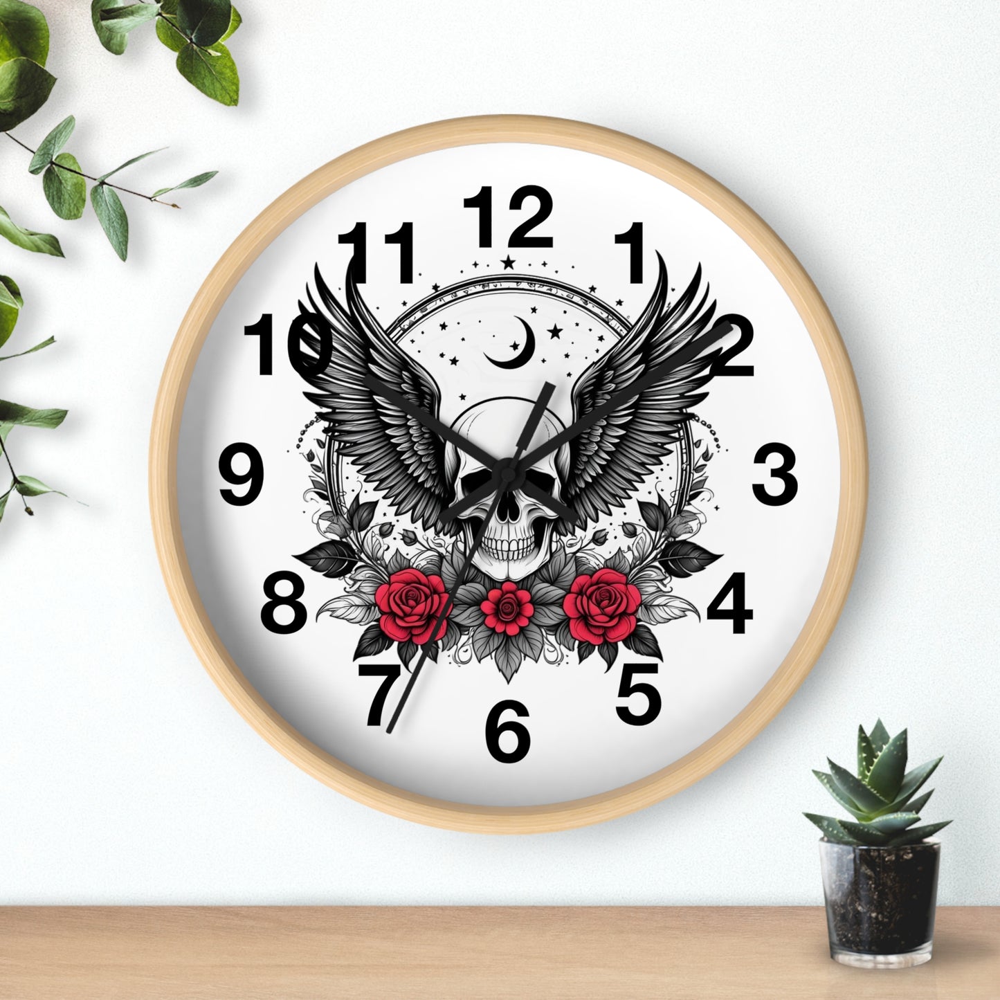 Winged Skull with Roses Wall Clock | Gothic Skull Clock
