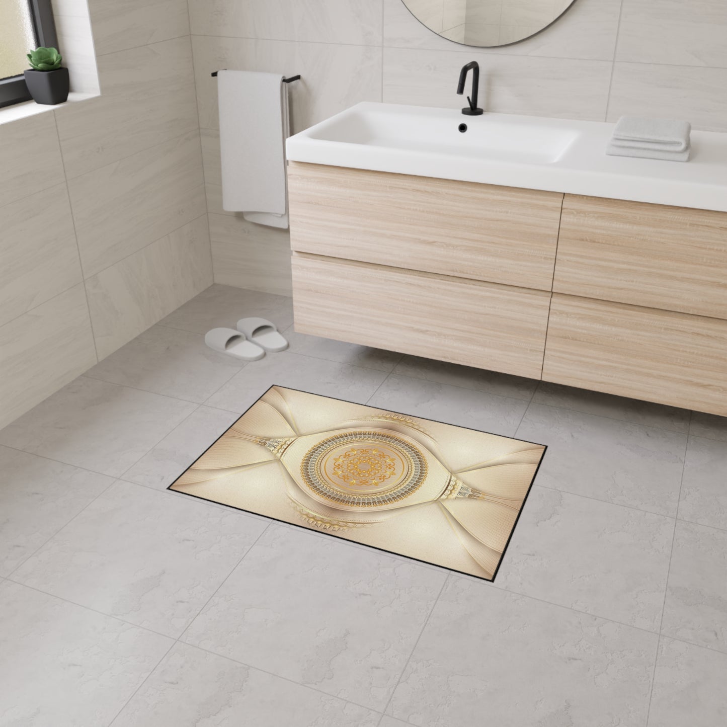 Decorative Heavy Duty Floor Mat — Elegant Gold Mandala Design