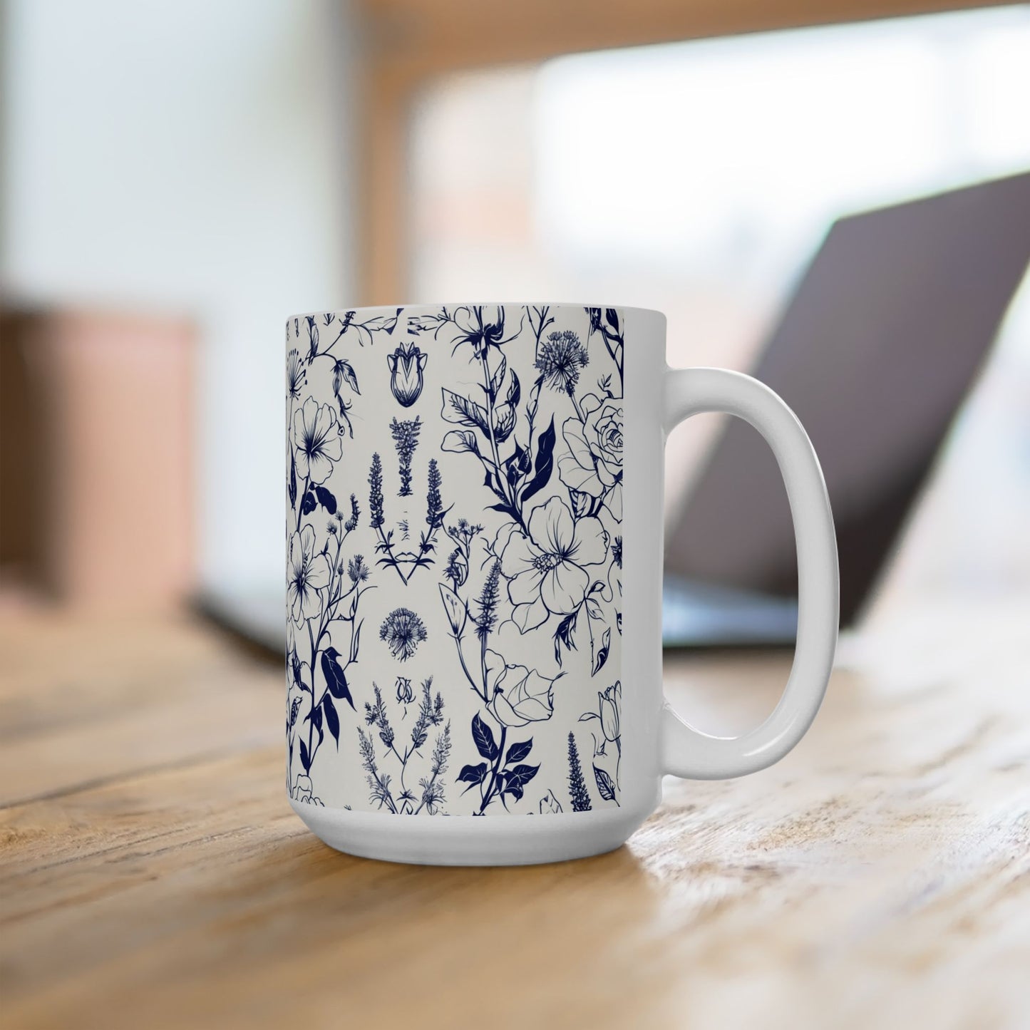 Blue Floral Ceramic Mug — Vintage Navy Botanical Coffee Cup (11oz, 15oz)