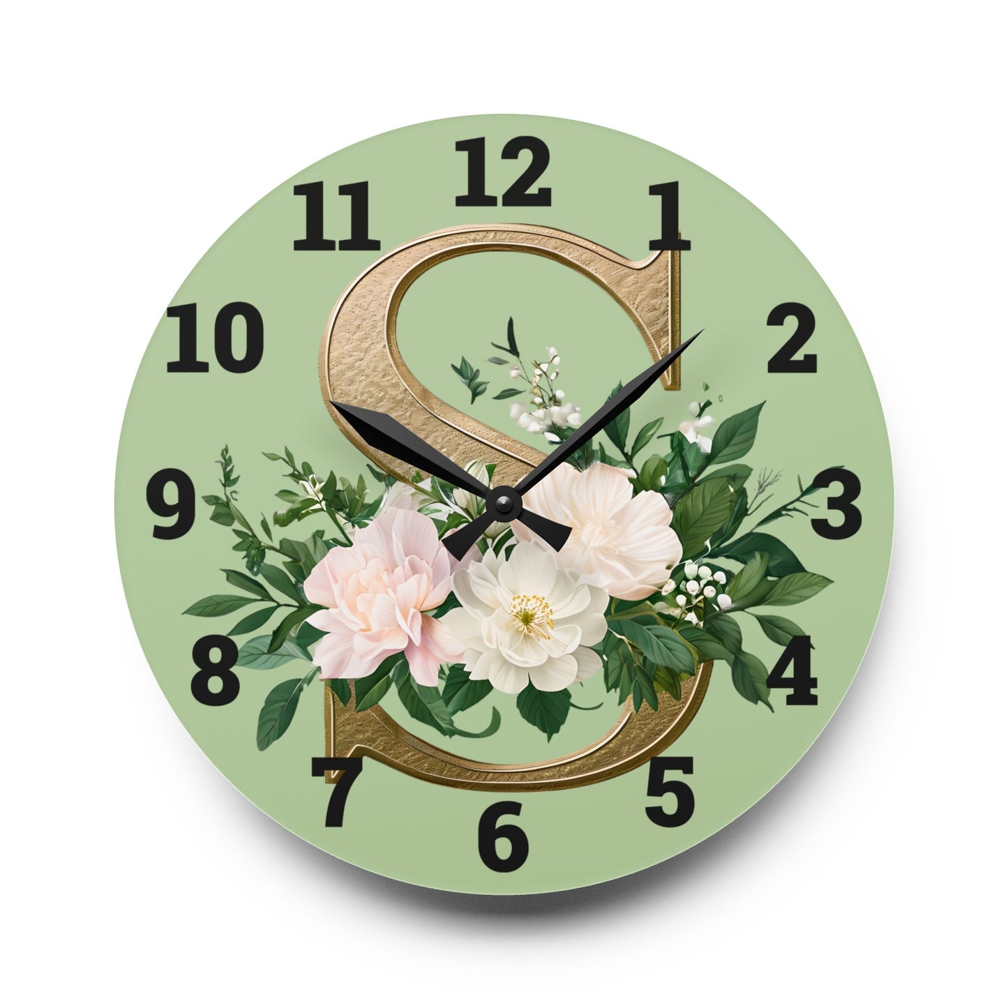 Floral Initial Acrylic Wall Clock, Elegant Home Décor - Letter S