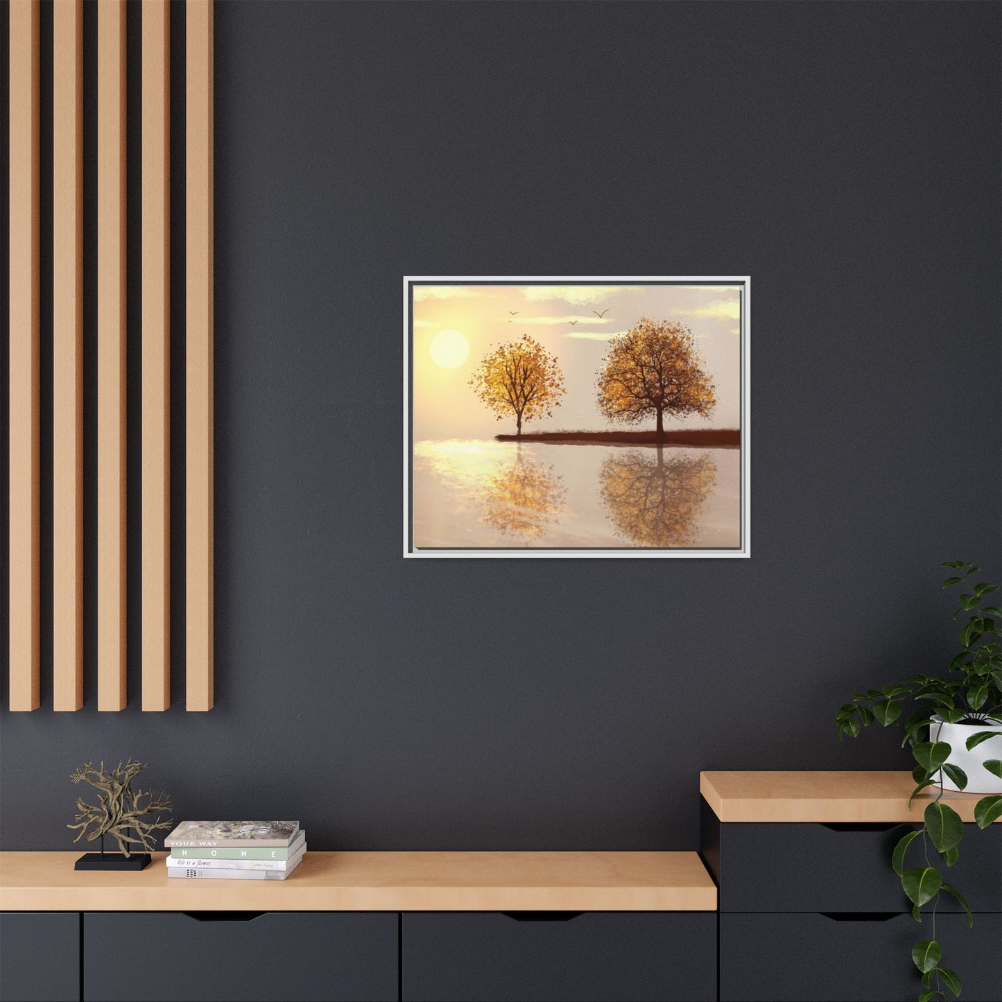 Framed Matte Canvas Wall Art — Golden Autumn Trees Reflection
