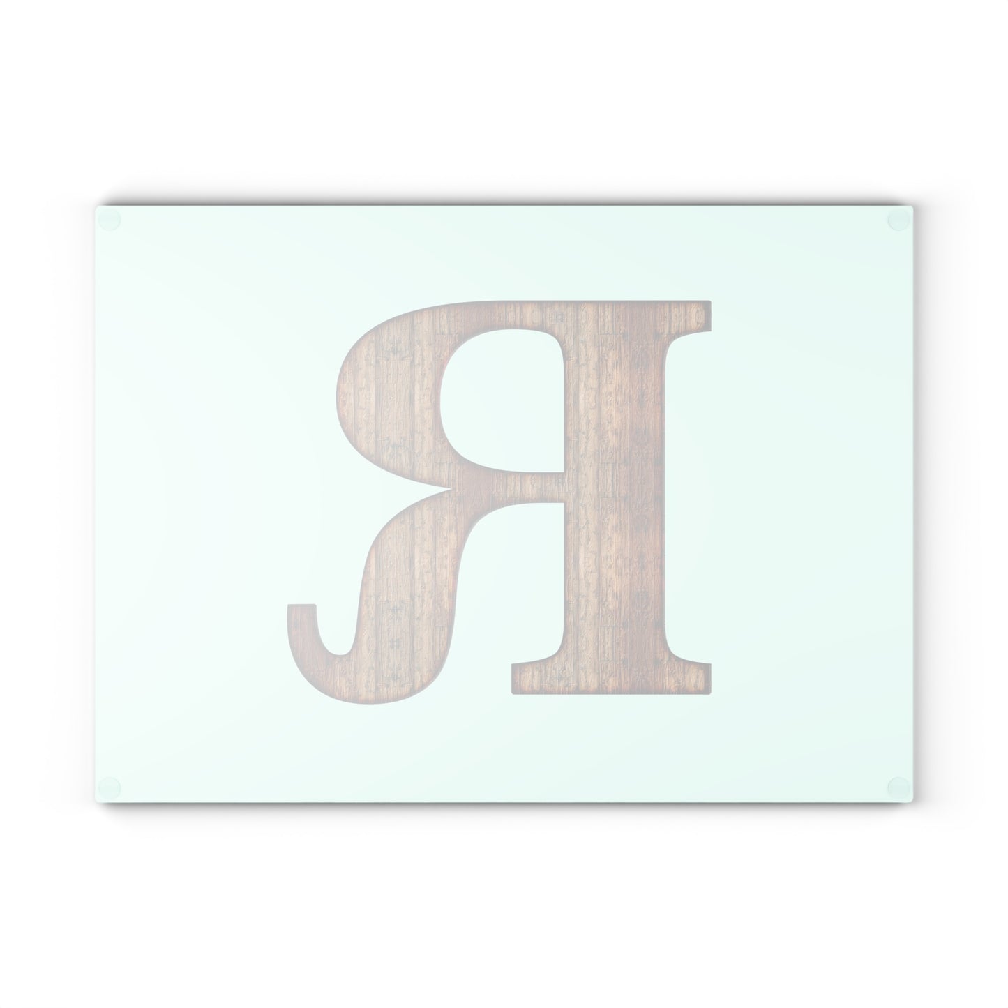 Monogram Glass Cutting Board – Rustic Wood Letter R on Mint