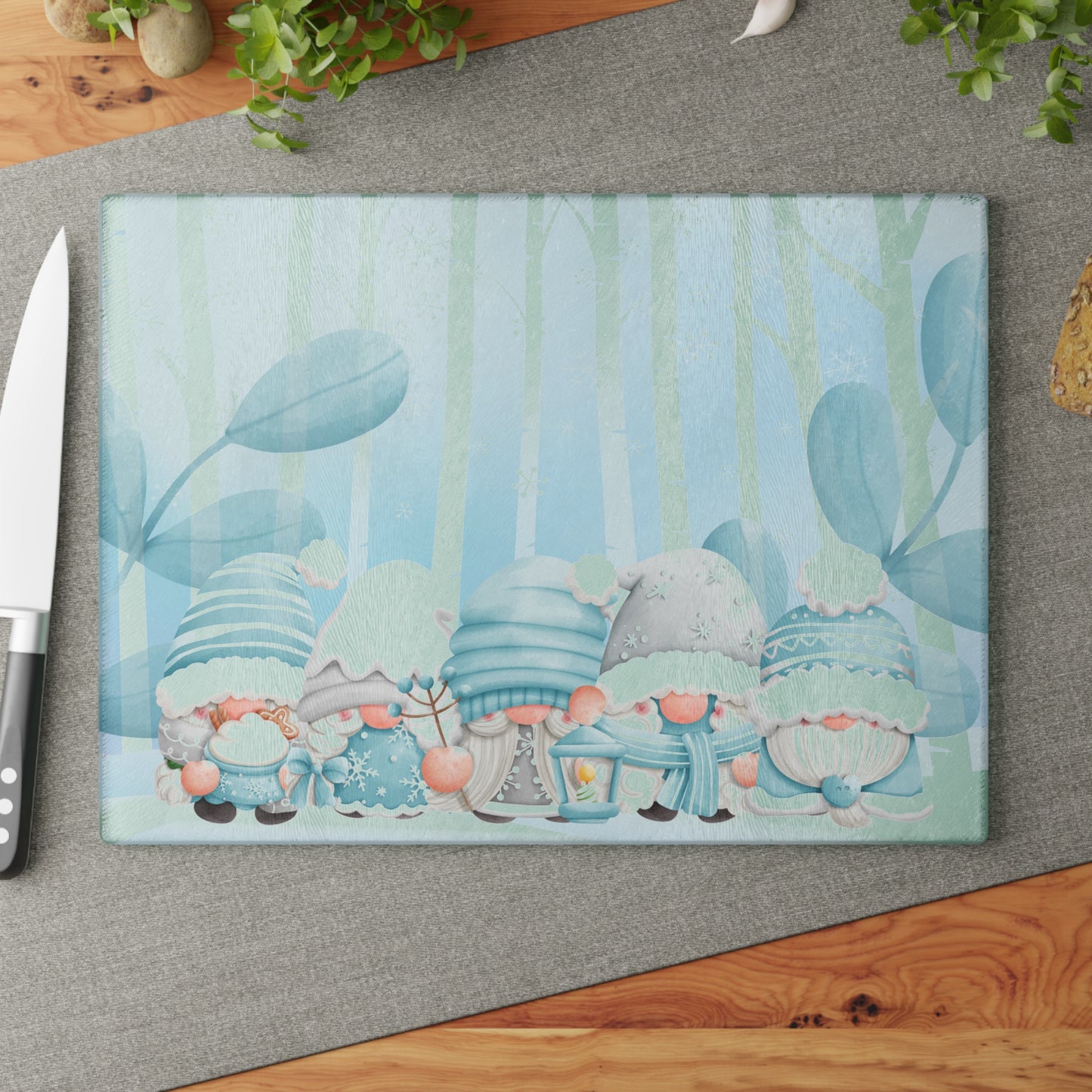 Winter Gnome Glass Cutting Board - Cute Nordic Holiday Kitchen Decor