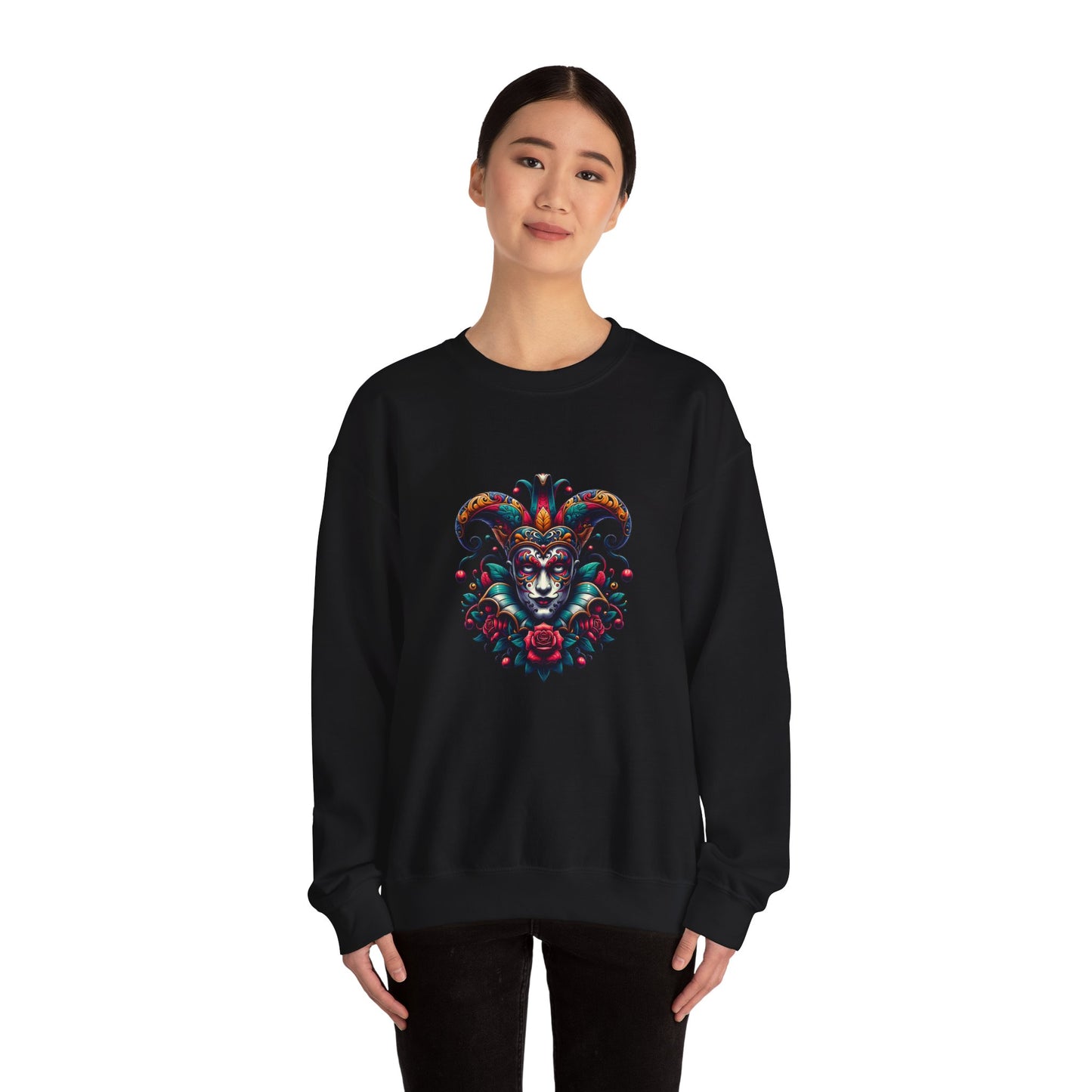 Colorful Jester Sweatshirt, Unisex Heavy Blend Crewneck, Unique Art Apparel, Trendy Fashion, Cozy Gift for Adults