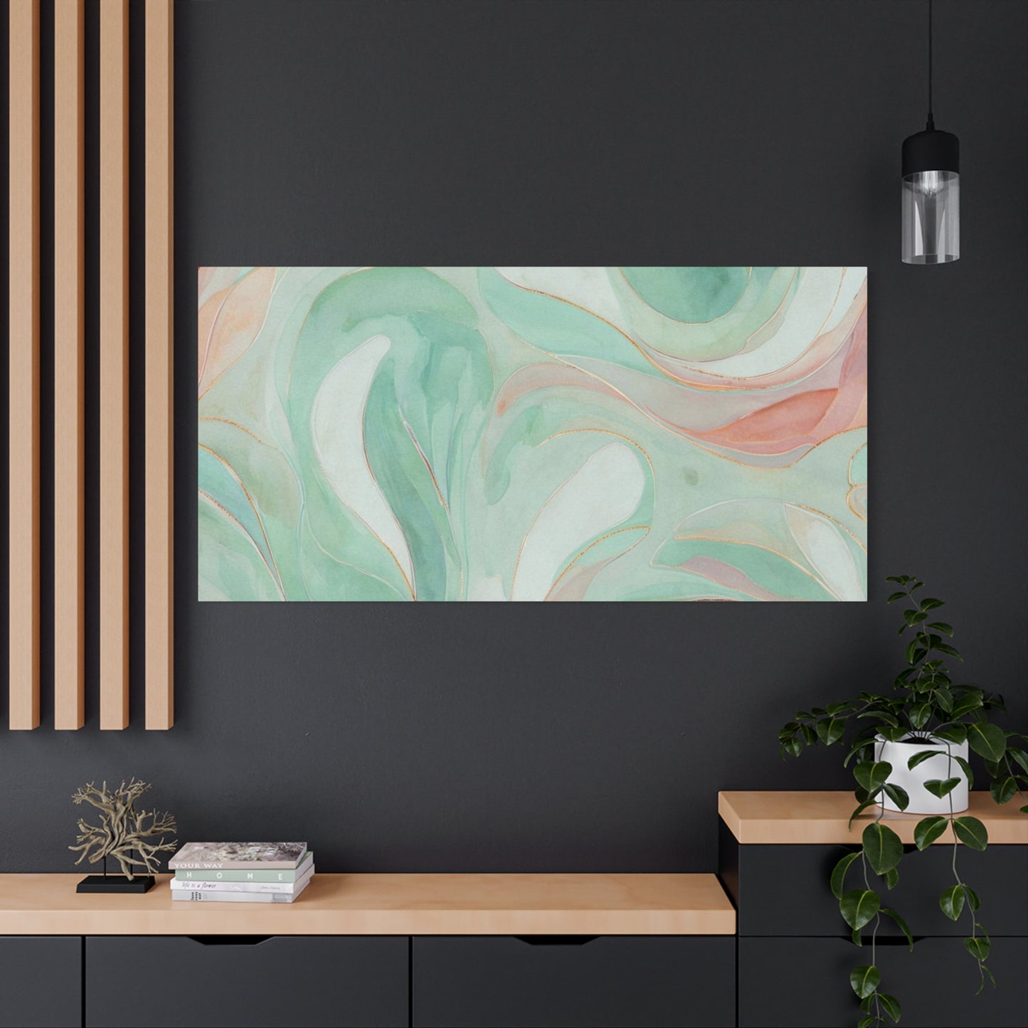 Abstract Green Marble Canvas Print — Teal & Coral Swirl Wall Art