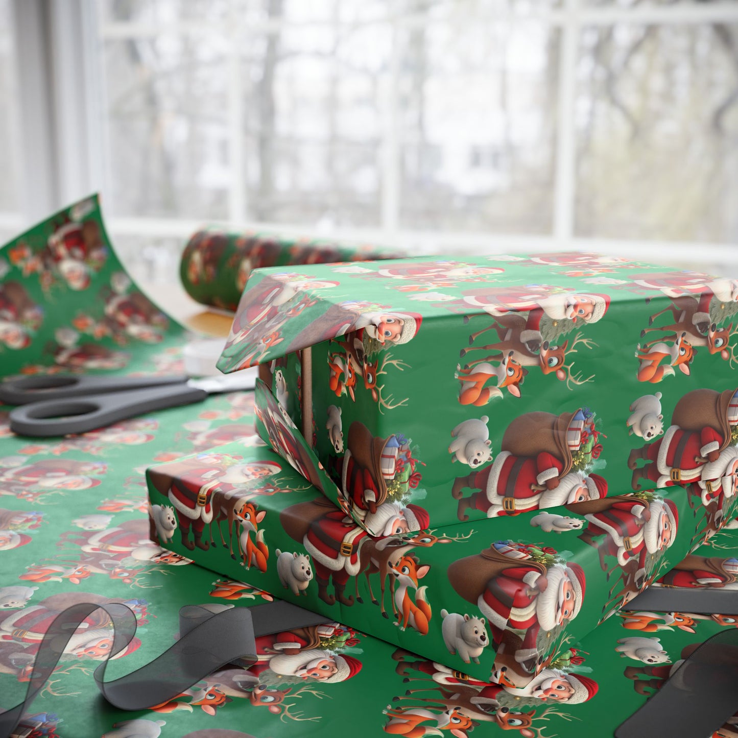 Christmas Santa & Reindeer Wrapping Paper Roll — Festive Green Holiday Gift Wrap