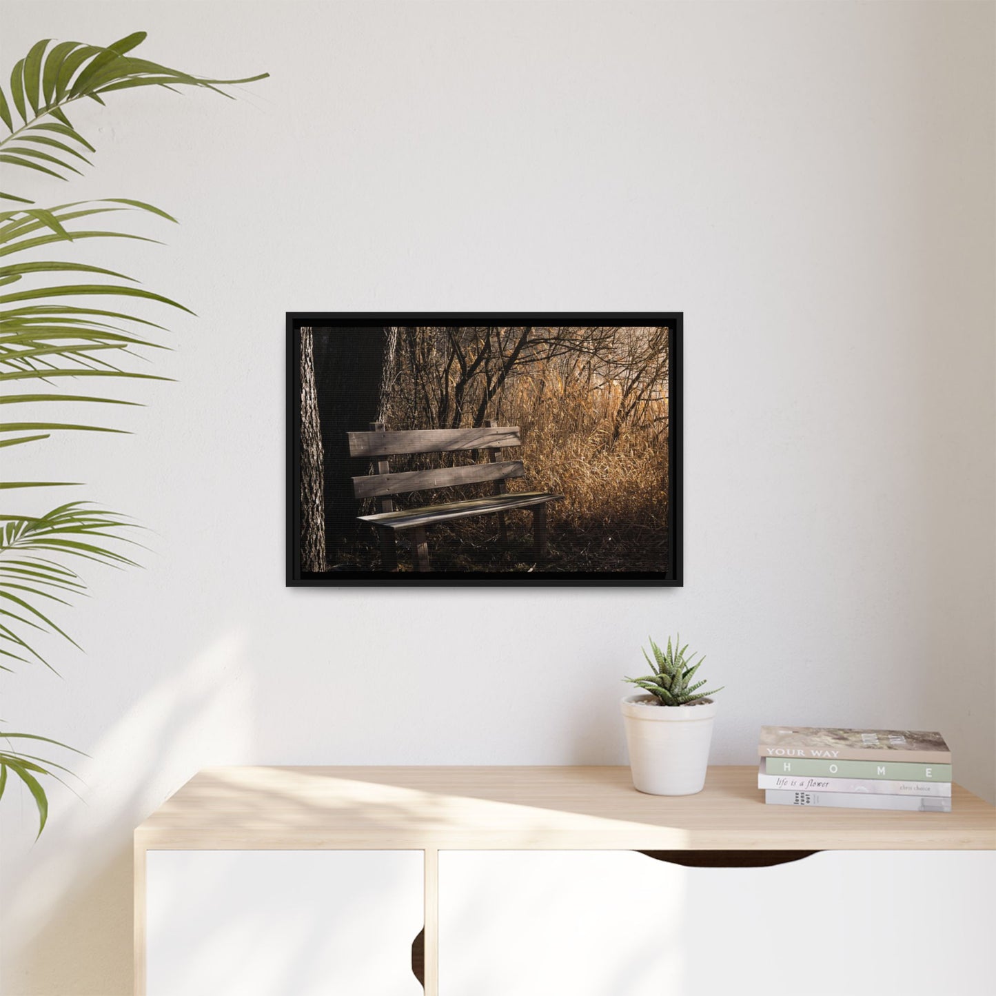 Framed Matte Canvas Print — Autumn Park Bench Photography